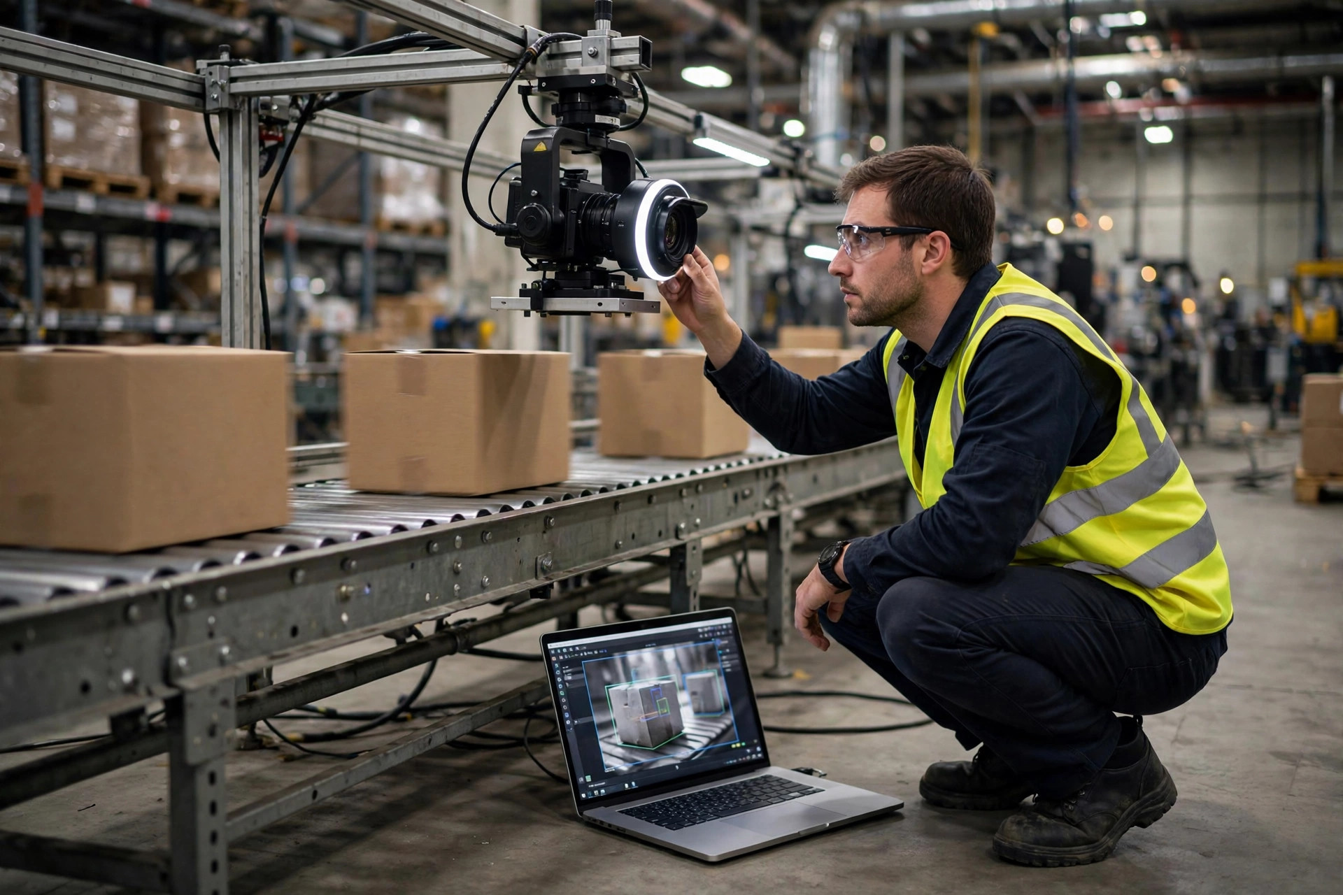Engineer tuning an AI vision inspection camera in a warehouse