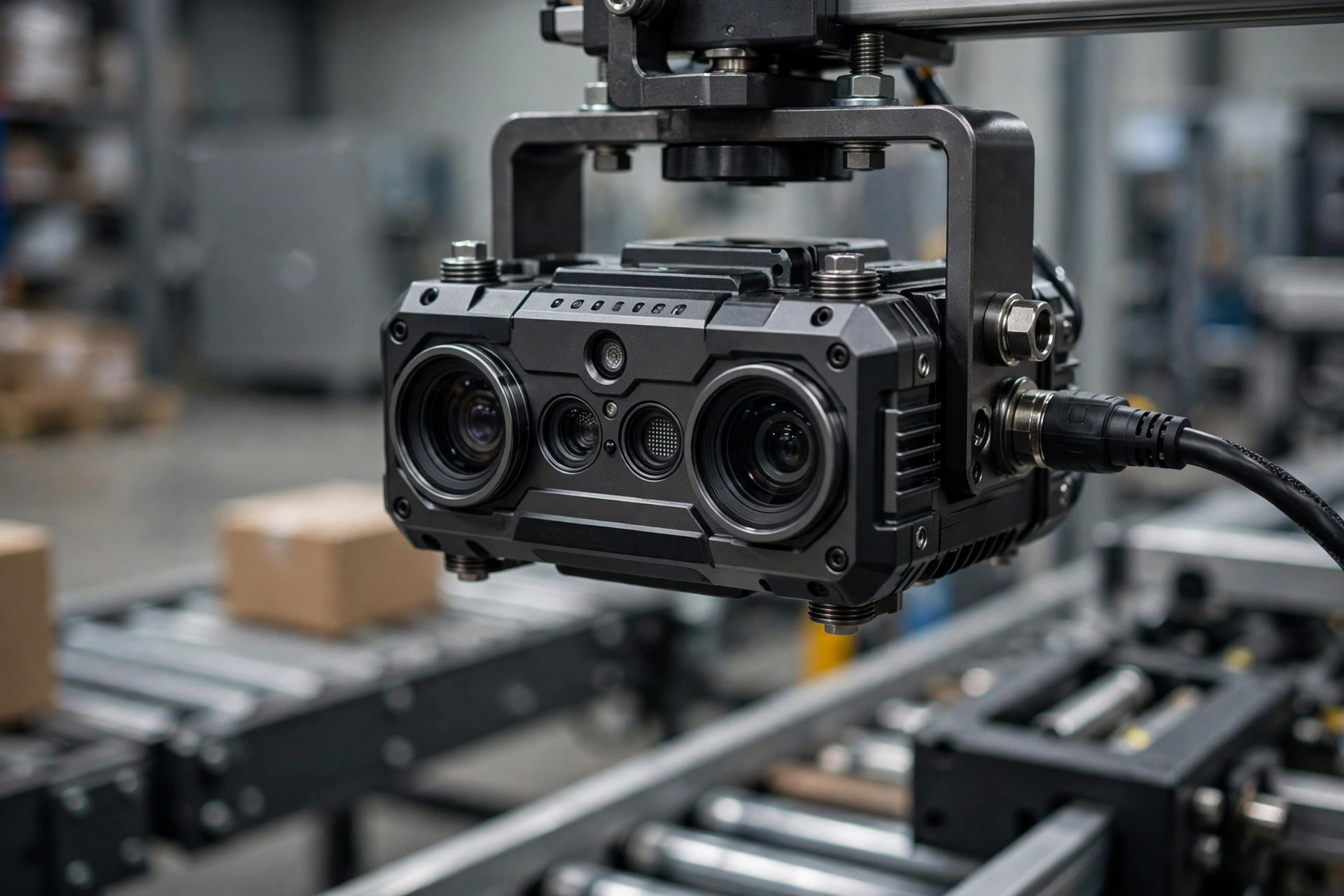 3D machine vision camera measuring parcel dimensions on a sortation line