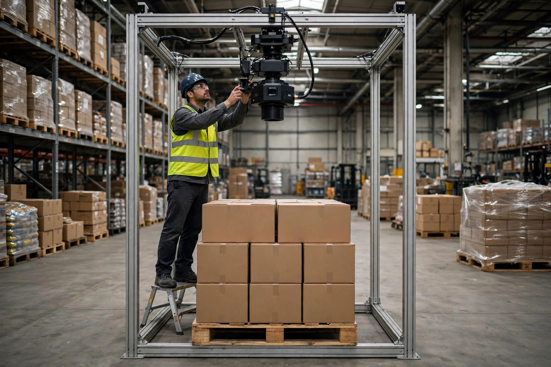 Un ingeniero ajustando una cámara 3D sobre una estación de cubicación de pallets