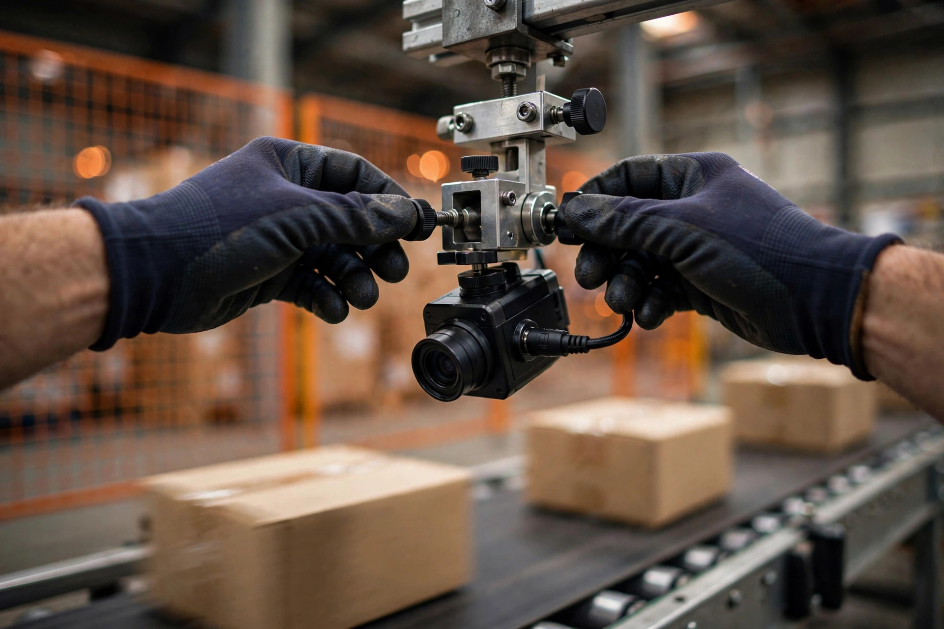 Ingeniero ajustando una cámara de visión industrial junto a una cinta transportadora