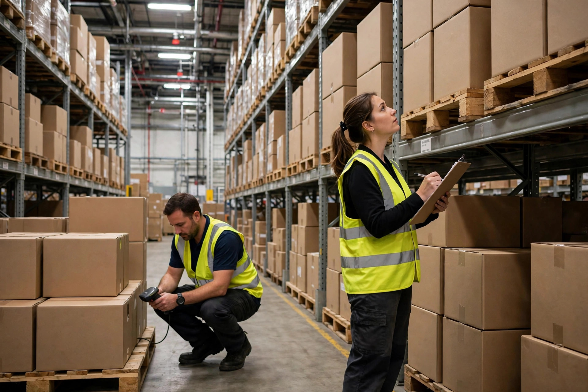 Warehouse workers performing a cycle count in a distribution center aisle