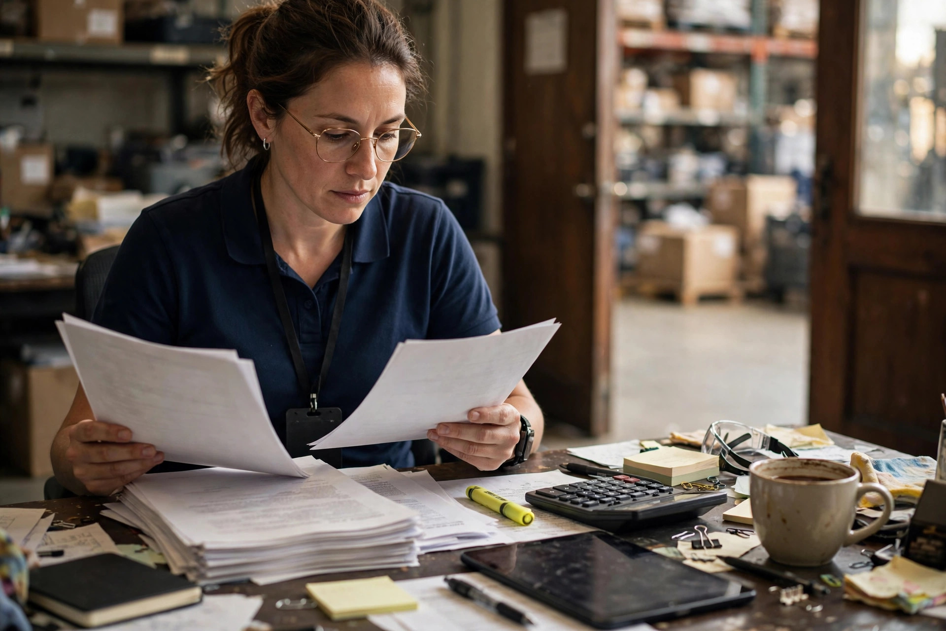 Reviewing a 3PL contract at a warehouse office desk