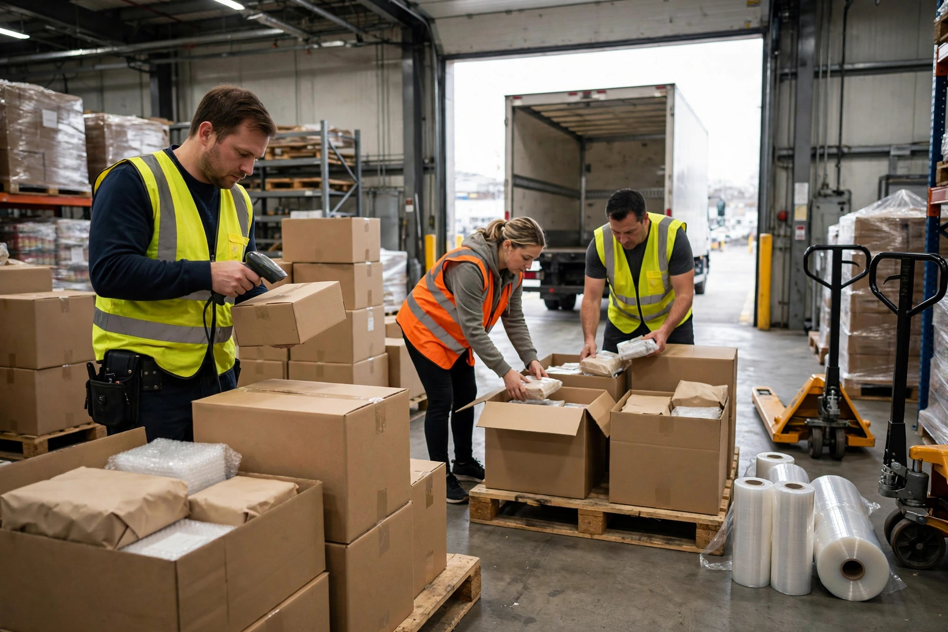 Warehouse crew de-palletizing cartons and staging pallets for outbound move-out at a 3PL facility