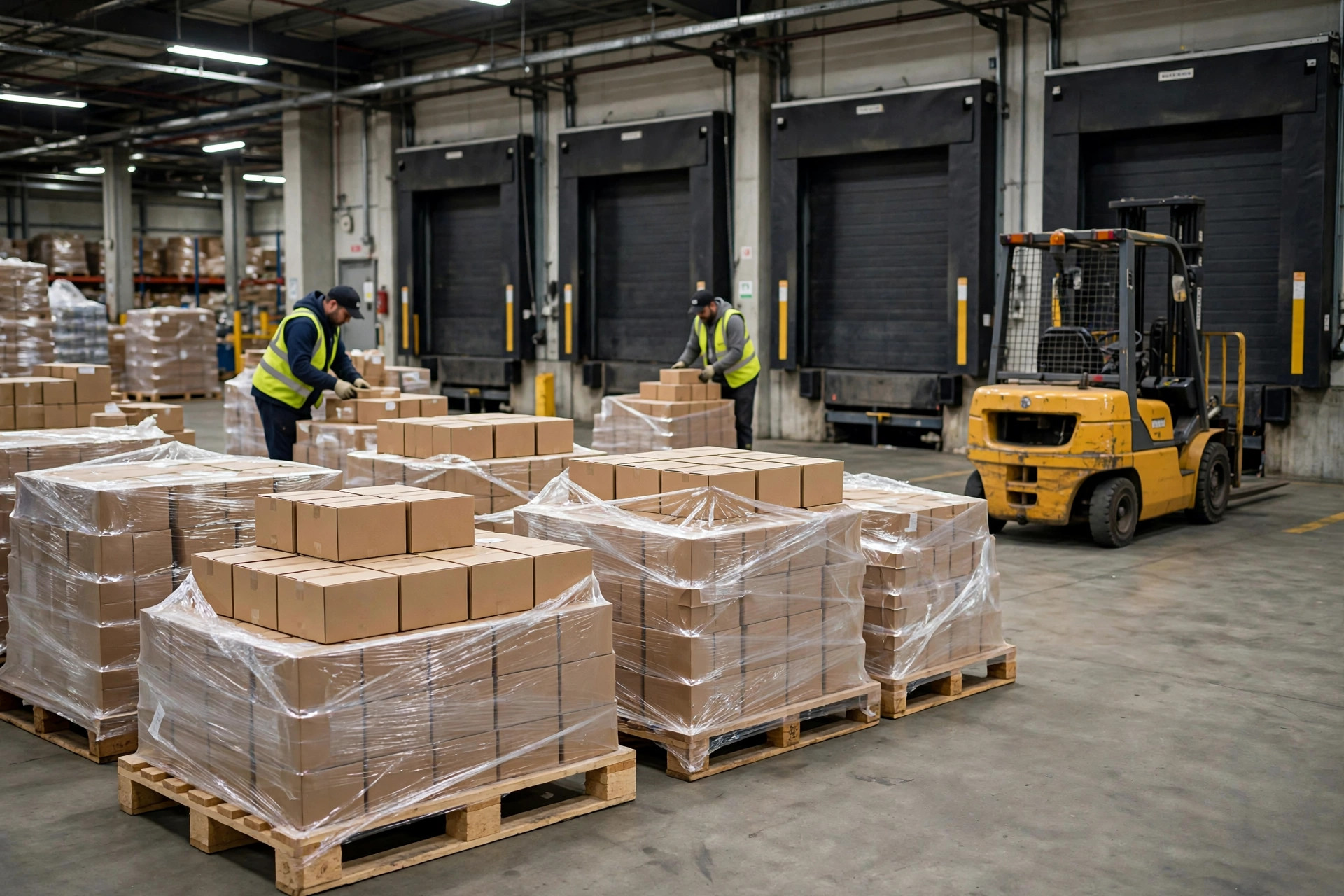 Cartons staged on pallets at a 3PL warehouse dock, ready for outbound shipment