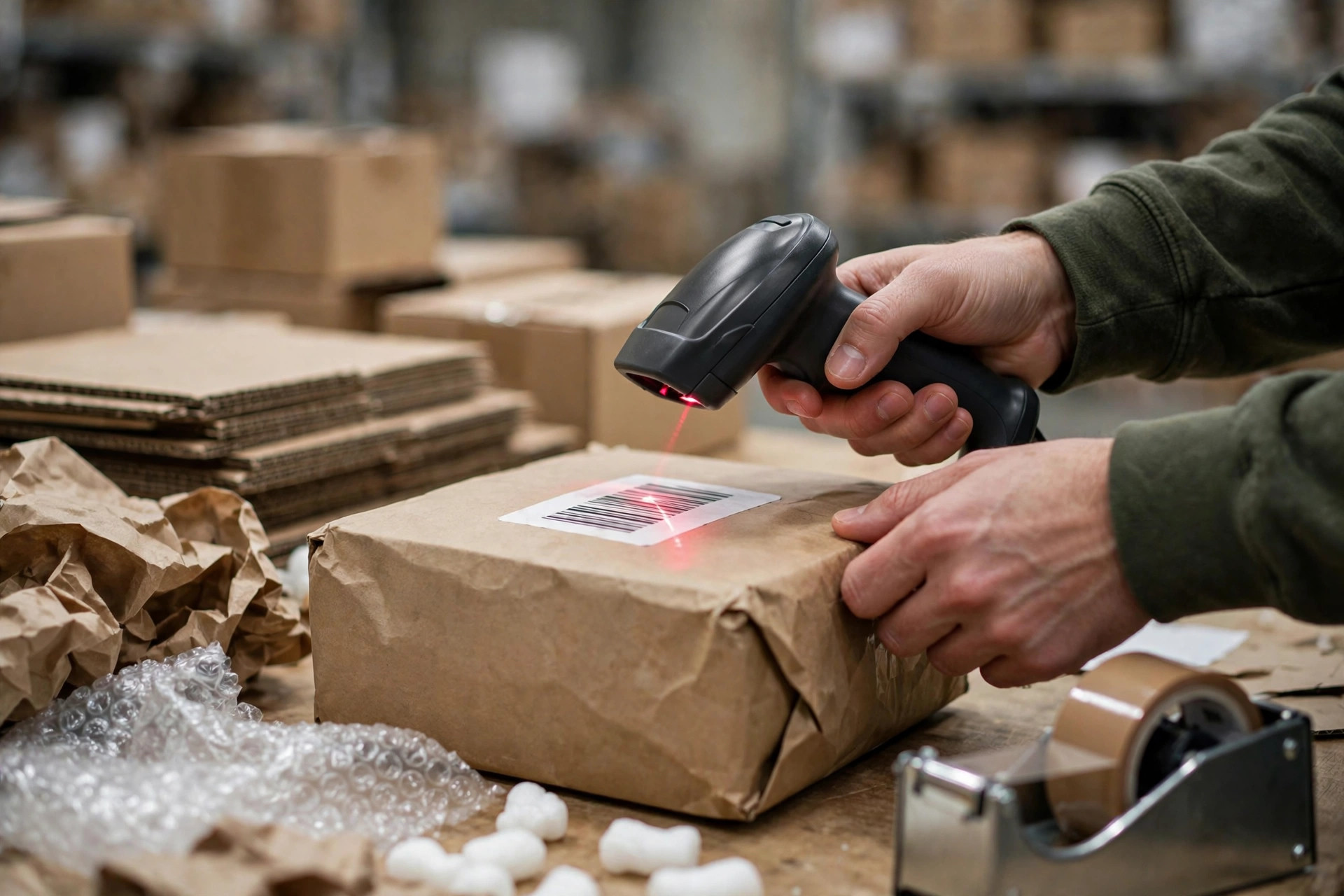 A small brand's off-season packing station with a worker scanning orders