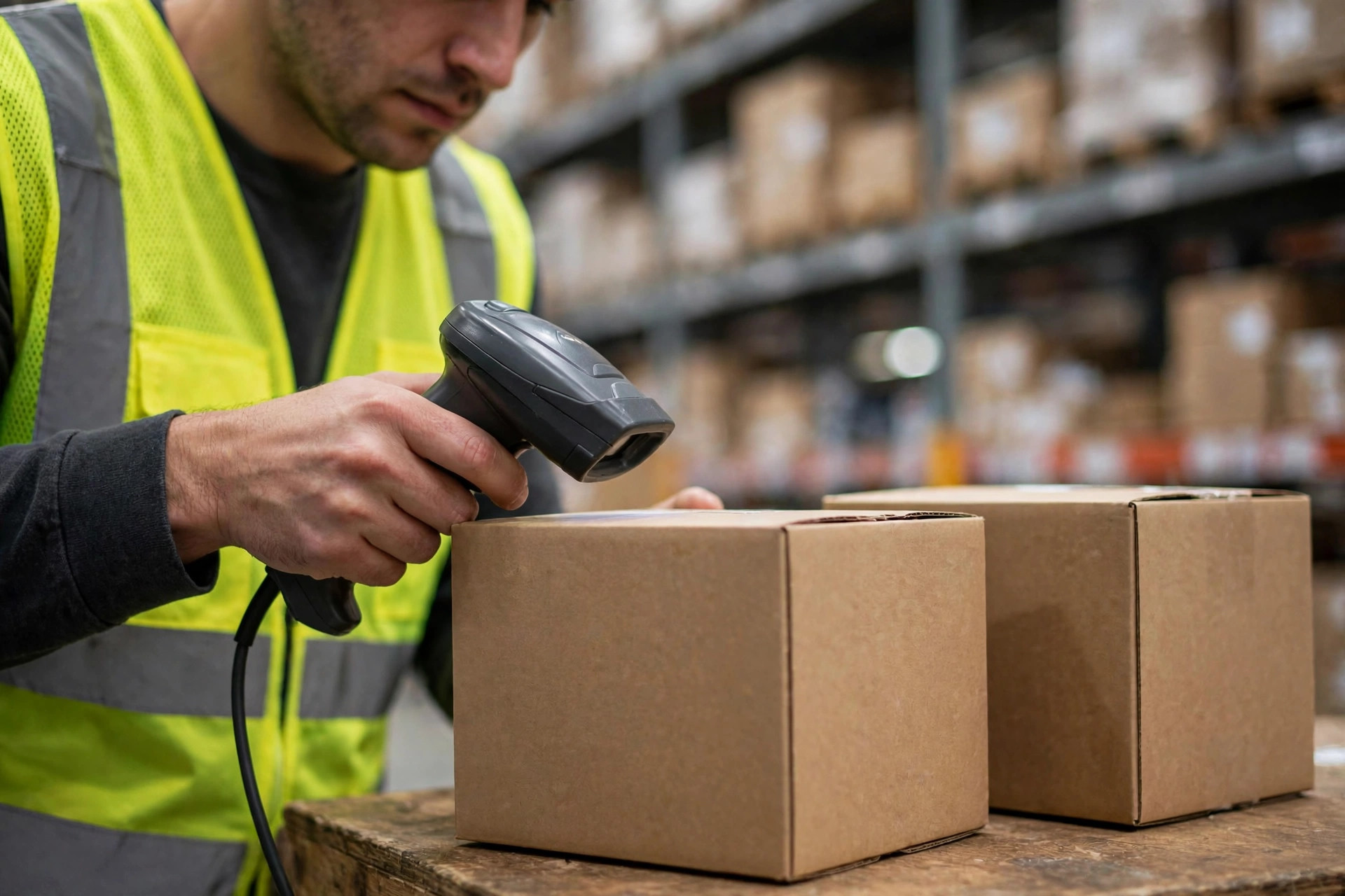 A warehouse picker scanning a carton to verify the item and order belong to the same client