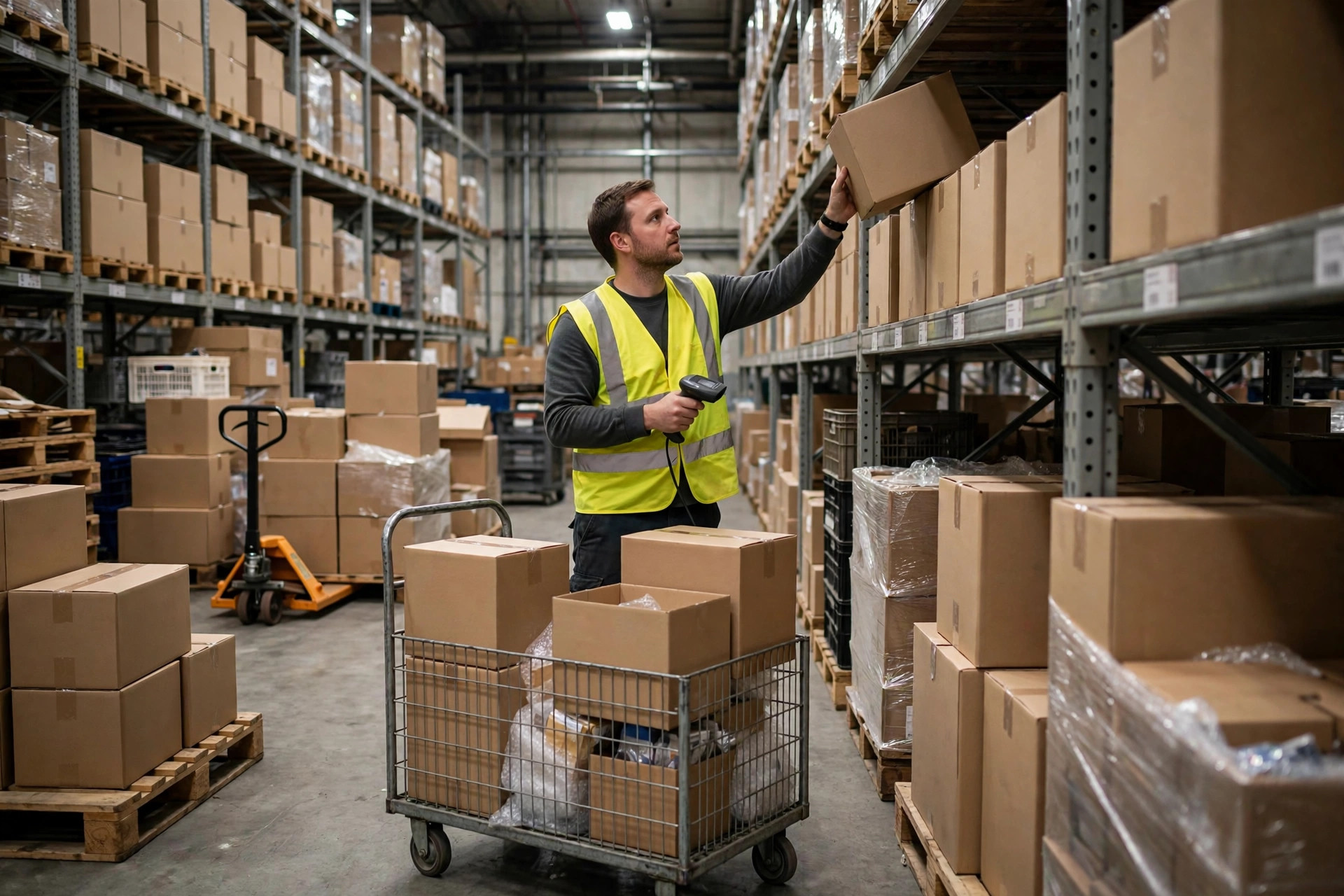 Warehouse associate scanning cartons during picking