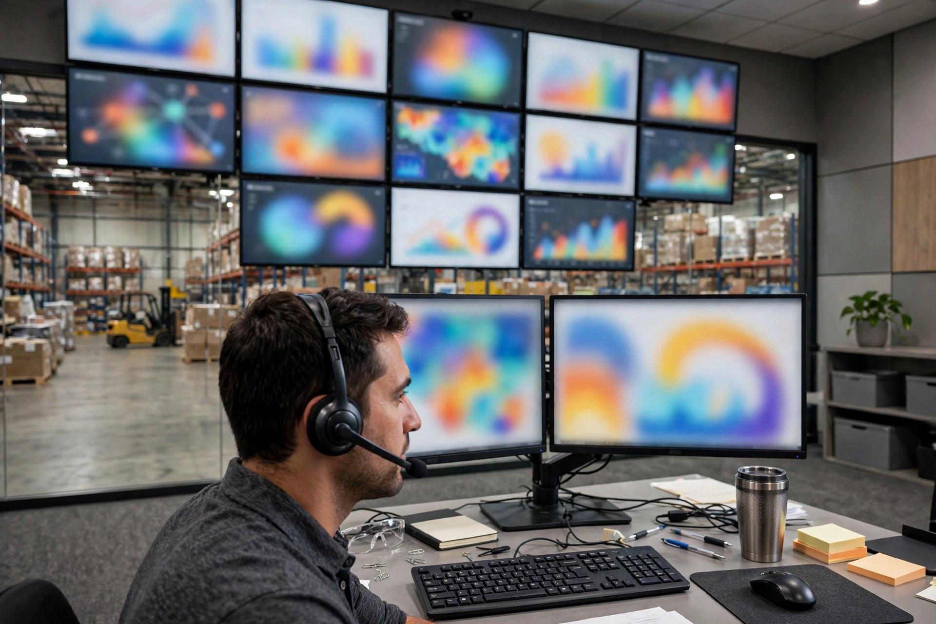 Supply chain data dashboard in a warehouse office