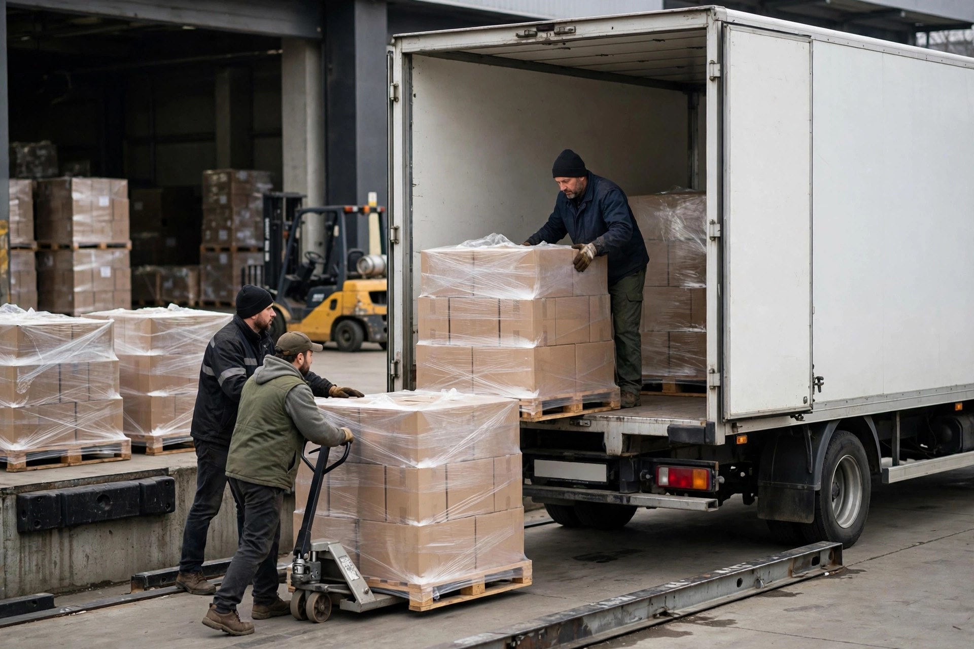 Workers counting cartons on pallets during a 3PL warehouse handover