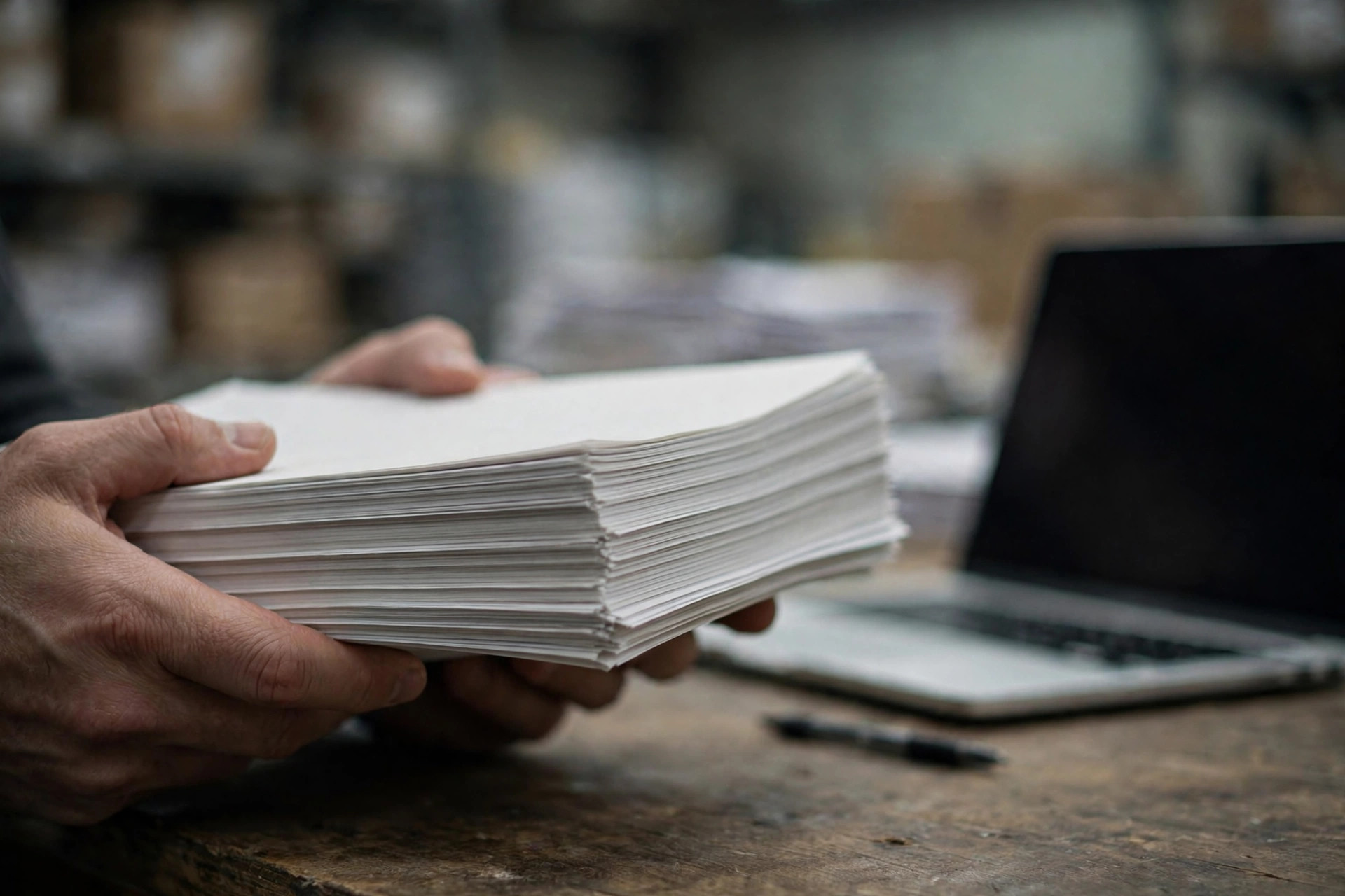 Warehouse office reviewing a storage contract and invoices, paper text blurred