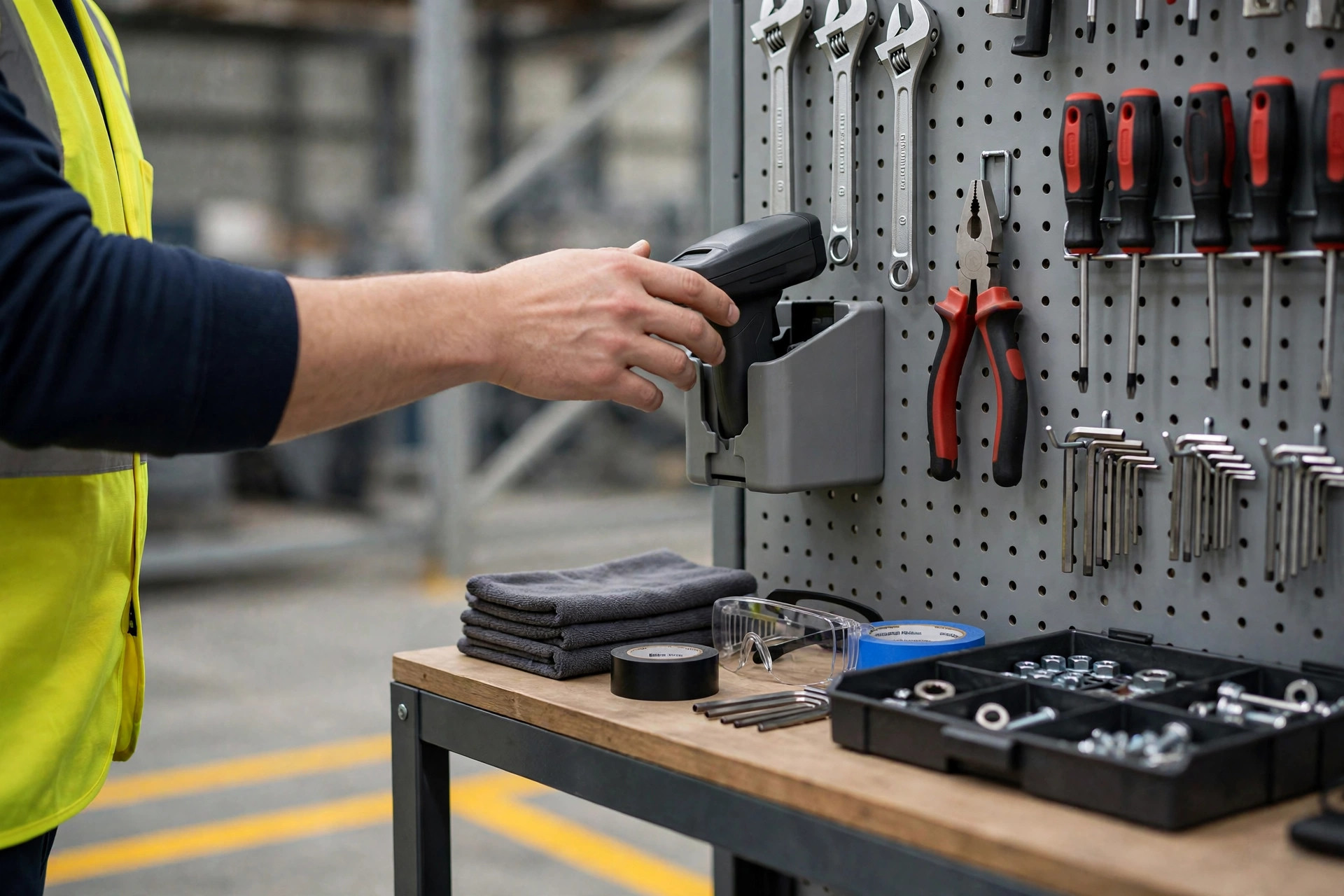 A worker returning a handheld scanner to its designated wall-mounted holder, tidy workbench, painted floor lane lines