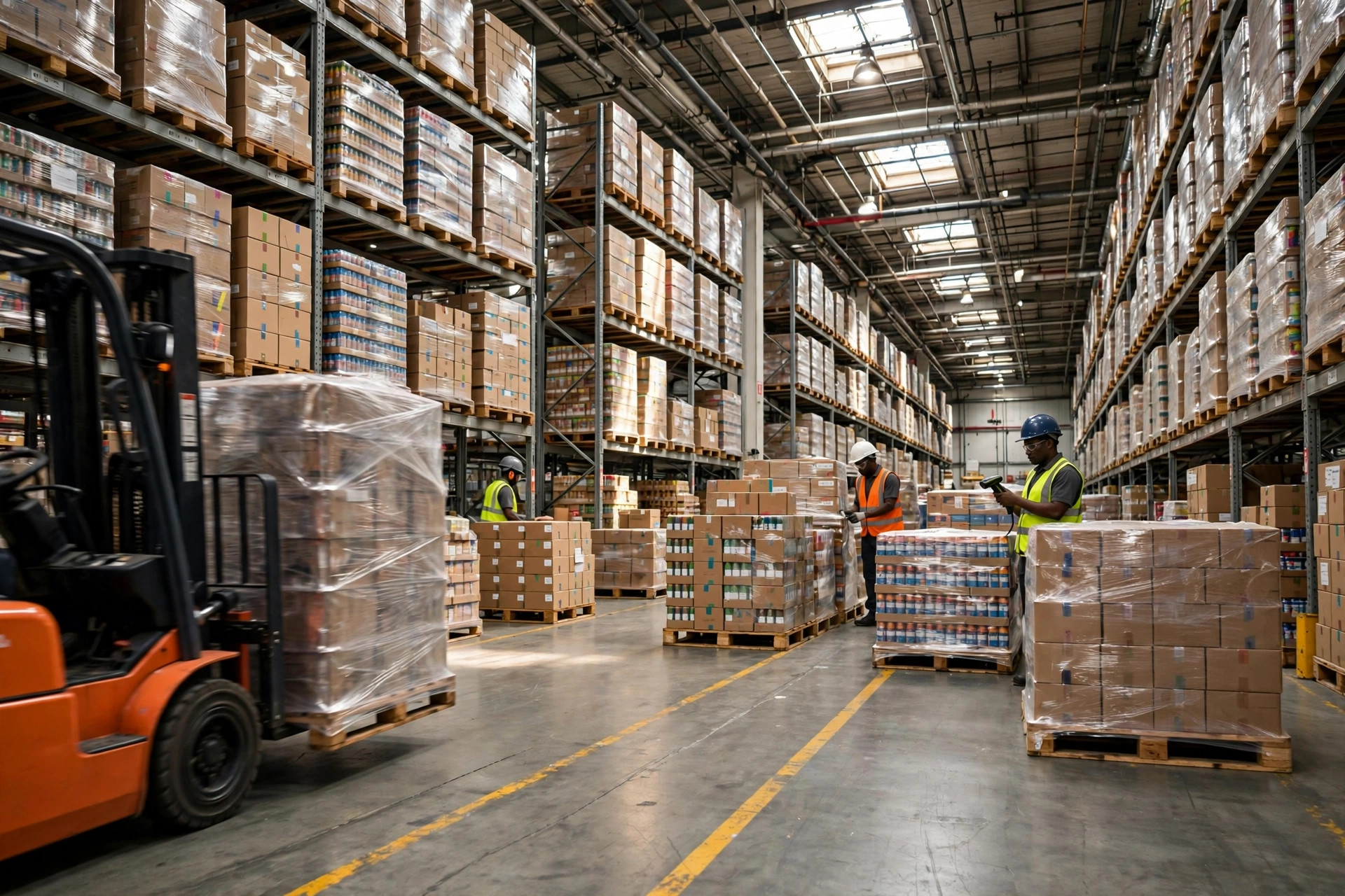 Inside a Johannesburg-style distribution warehouse: a forklift moves palletized goods bound for multiple African countries between high racking aisles