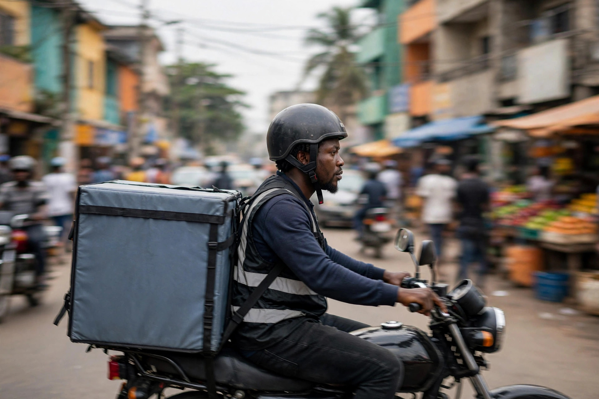A delivery rider on a motorcycle carrying parcels through a busy African city street