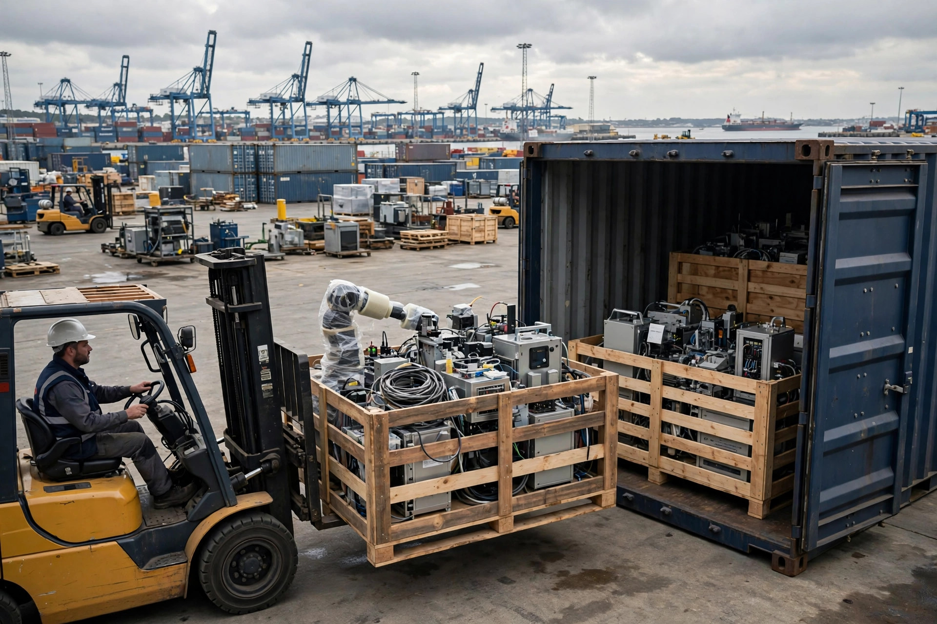 Un montacargas cargando equipos de automatización embalados en un contenedor en el puerto