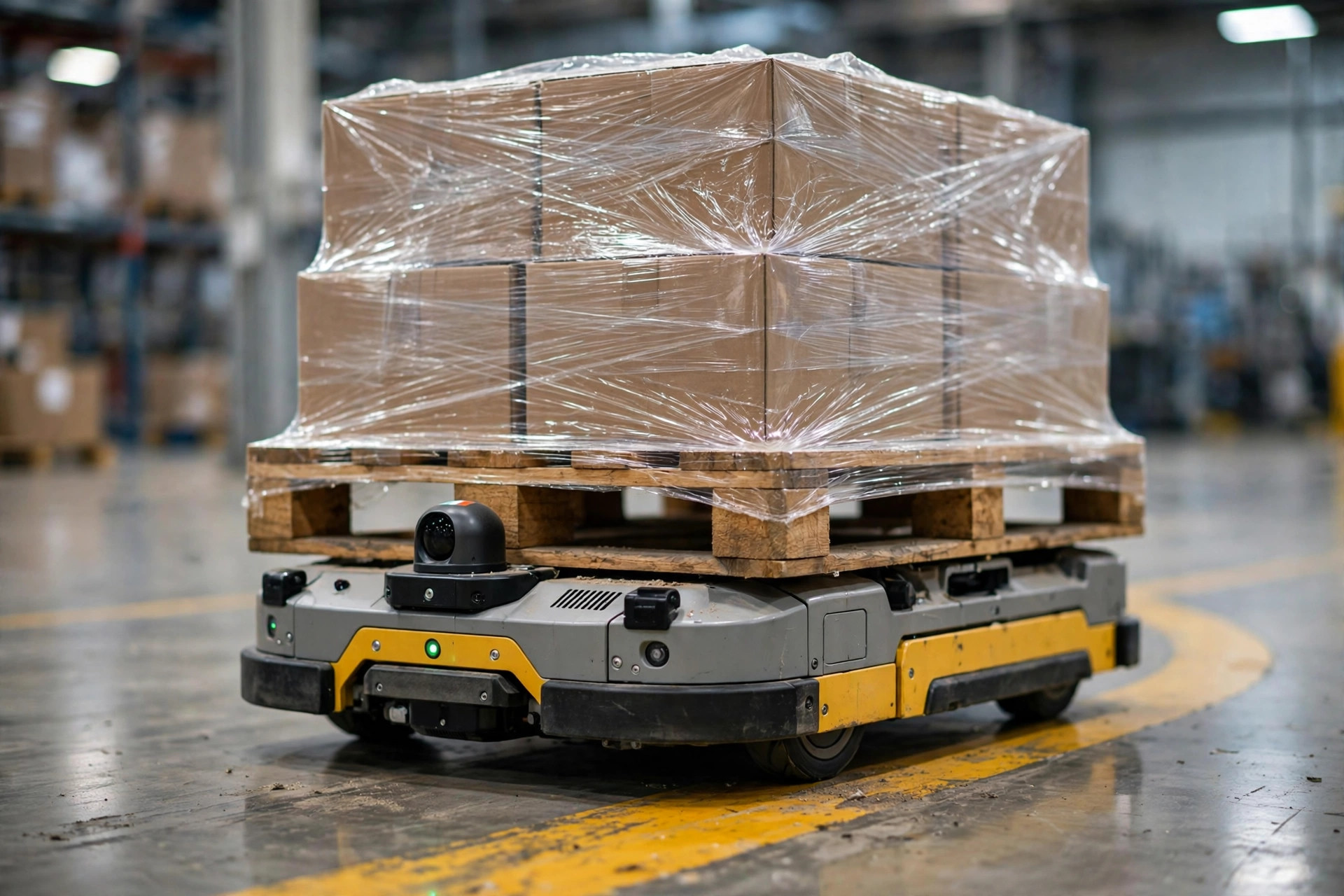 Close-up of an AGV carrying a pallet down a marked warehouse lane