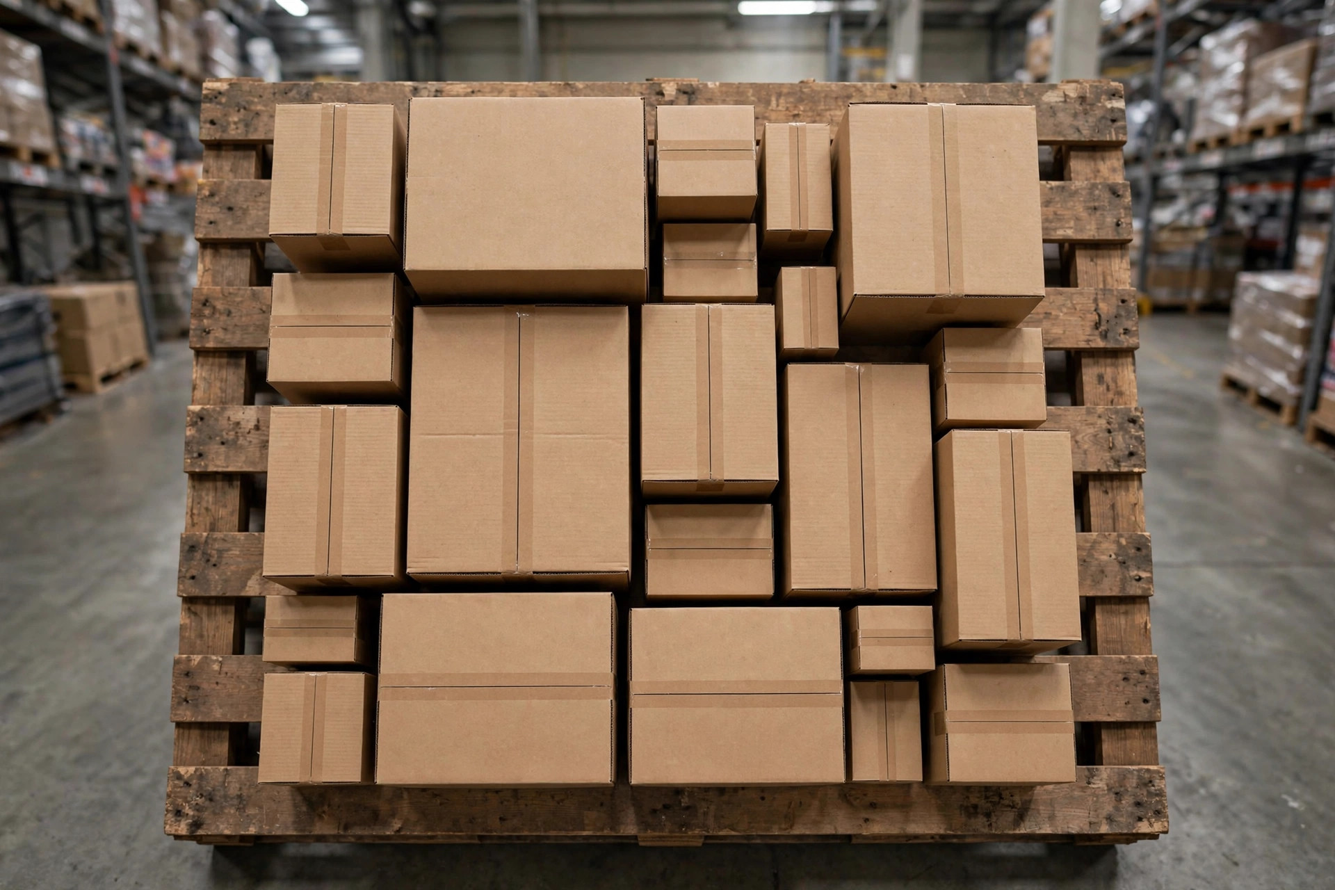 Overhead view of cartons arranged on a pallet in an optimized loading pattern