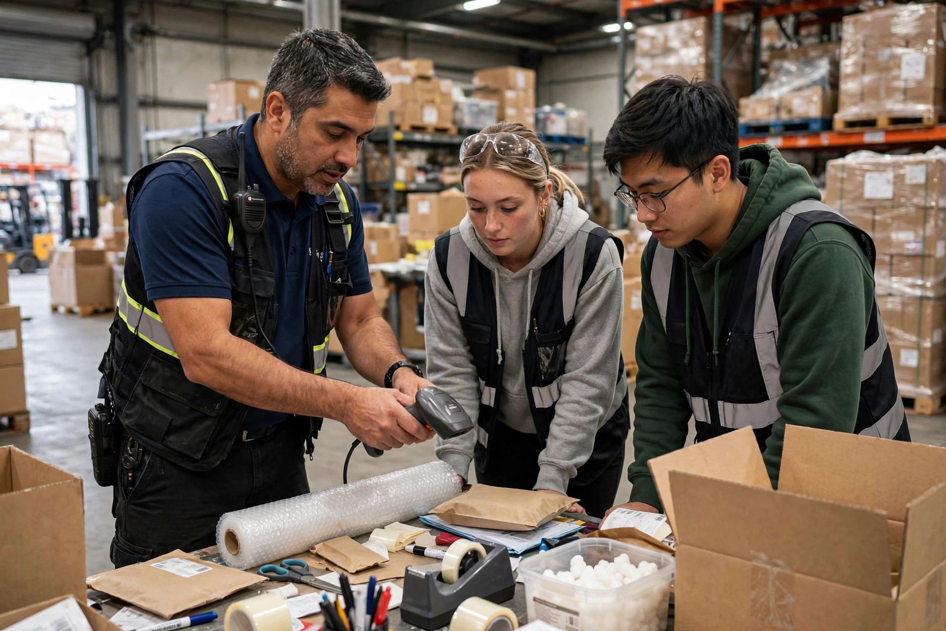 A warehouse operations manager training staff on a handheld scanner at a packing station