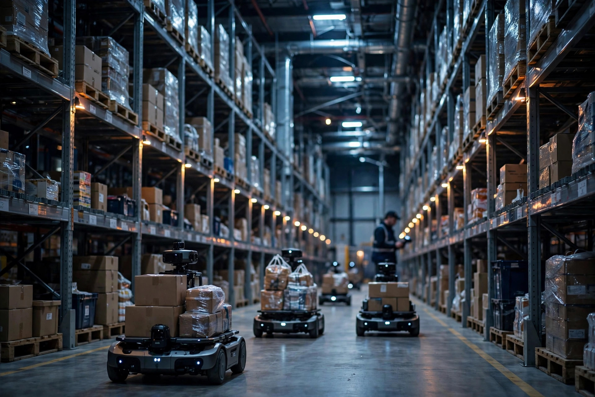 Engineer monitoring warehouse data dashboards in a night-shift control room
