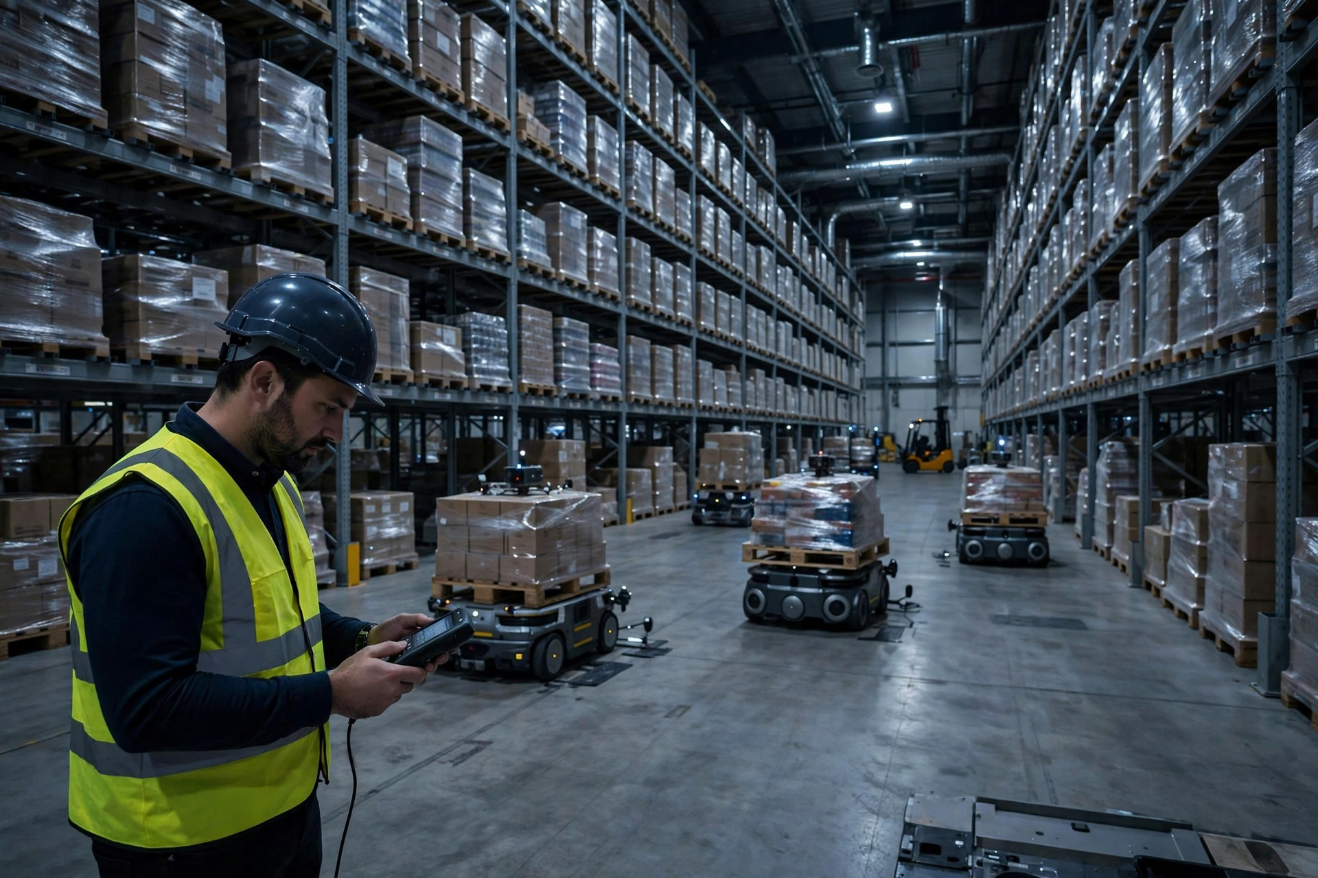 AMRs moving pallets on the night shift while a supervisor checks task status on a handheld device