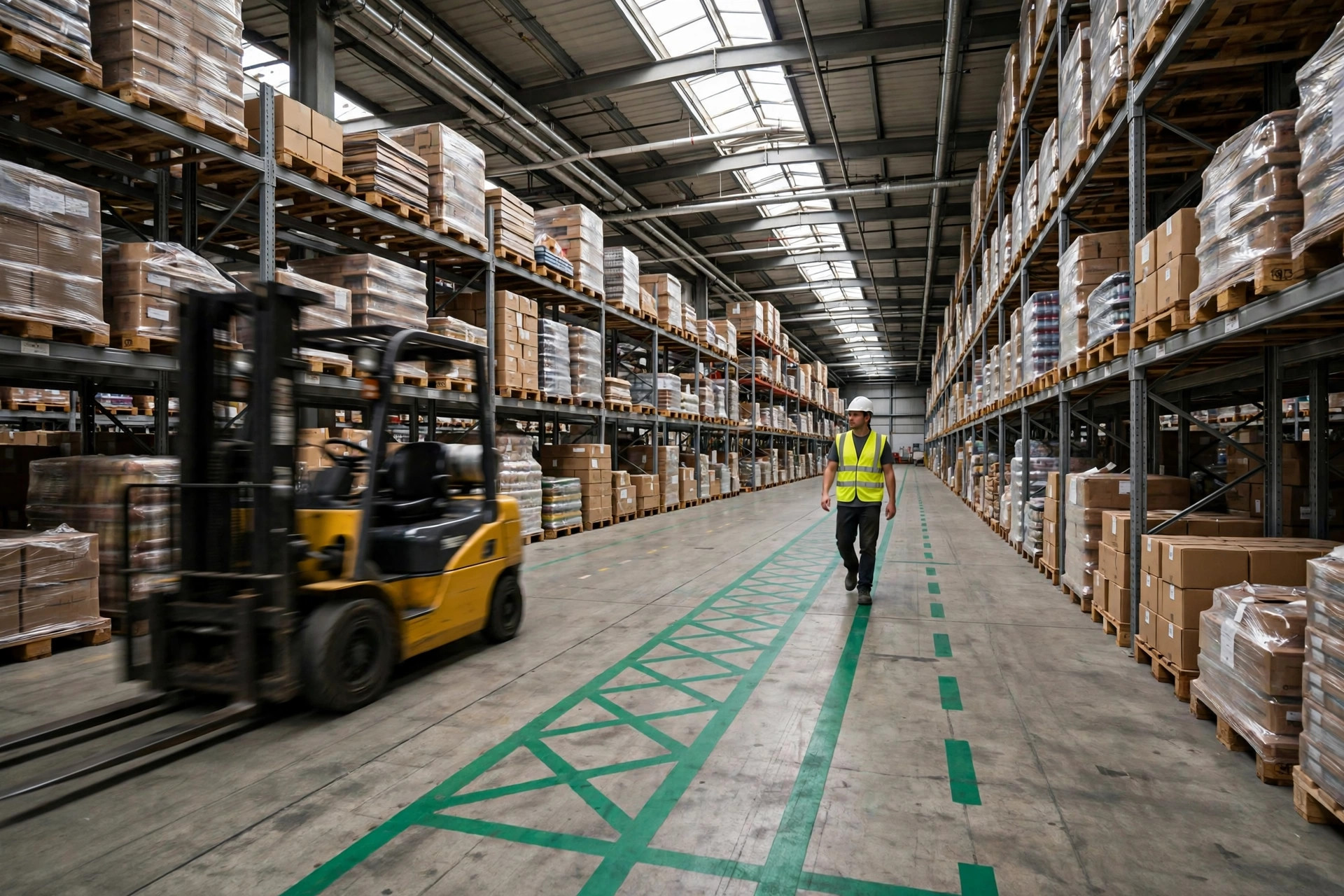 Forklift passing a warehouse aisle as a worker in a safety vest and hard hat walks in the marked pedestrian walkway