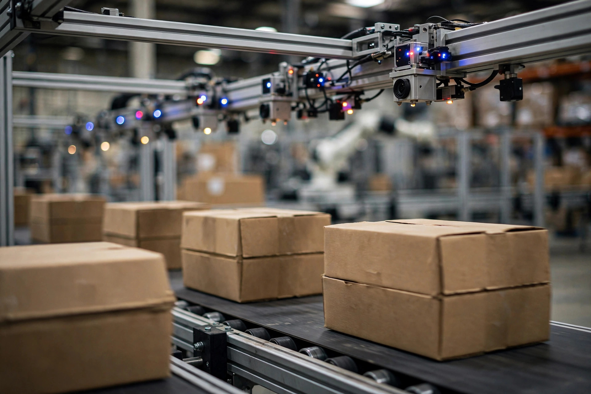 Cartons moving on a conveyor under a camera gantry for AI carton counting