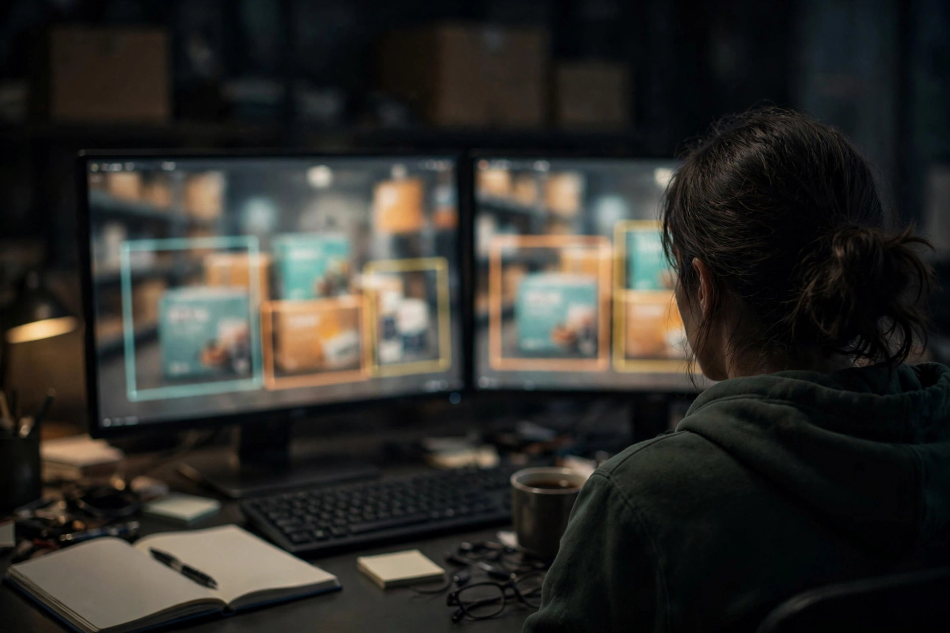 Data annotator labeling warehouse product images at a workstation