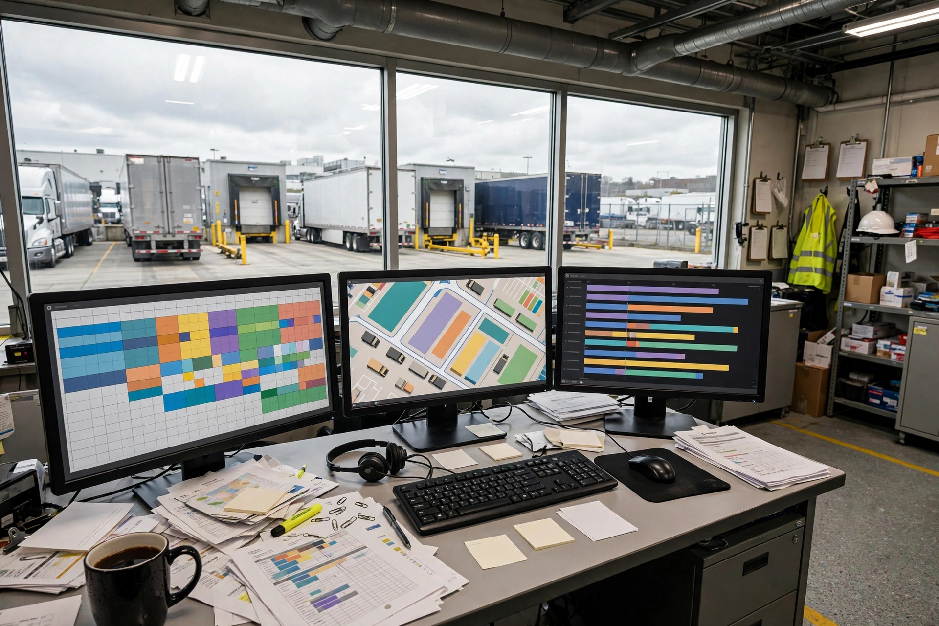 A dock control office with live scheduling dashboards monitoring door appointments and truck movements