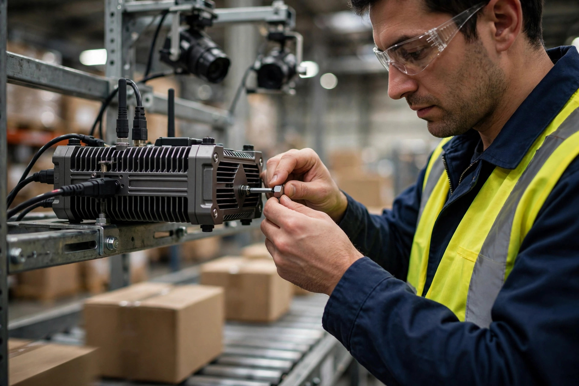 Engineer tuning an edge AI box beside a parcel sorting line