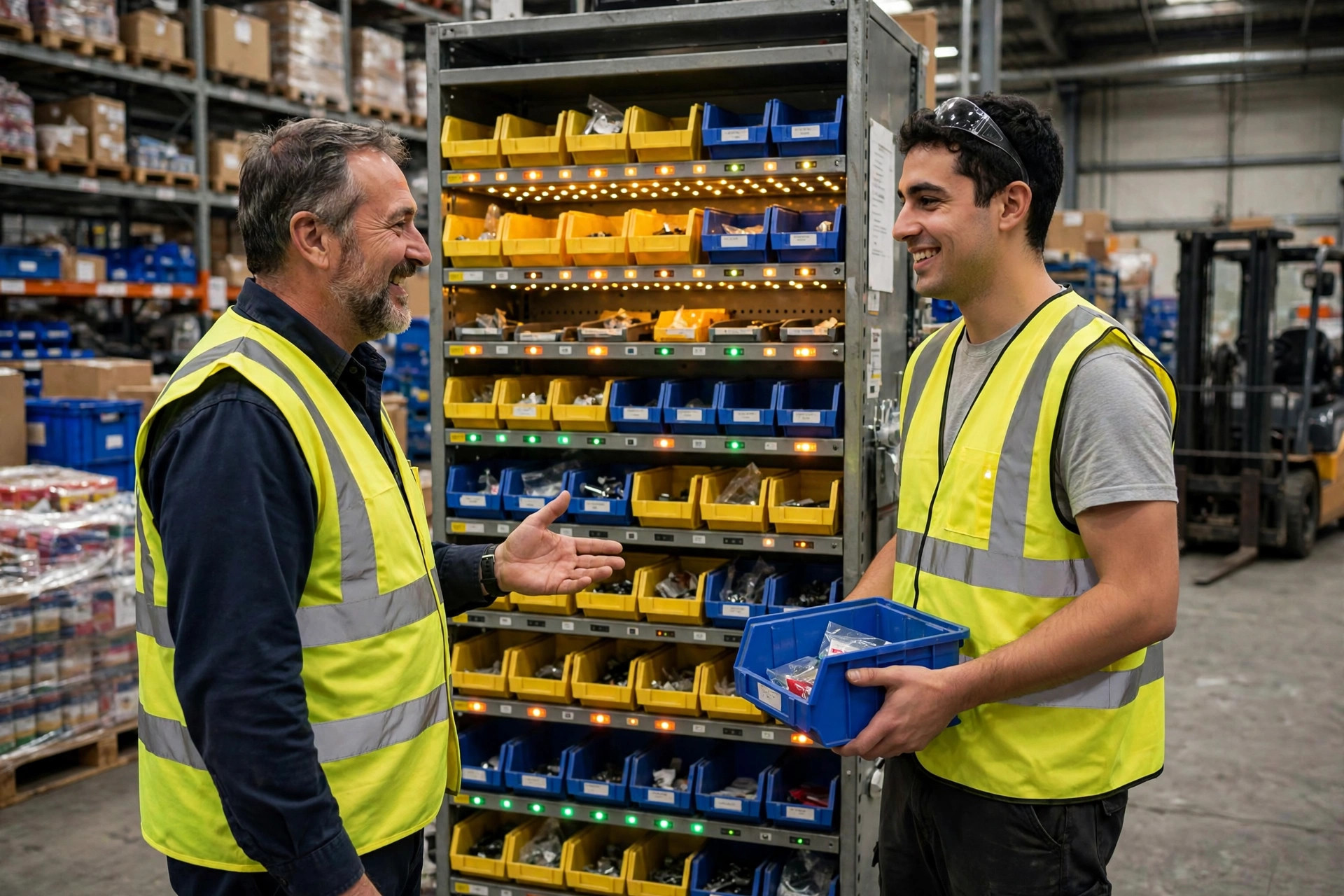 Superviseur d'entrepôt discutant avec un opérateur de première ligne à un poste de picking