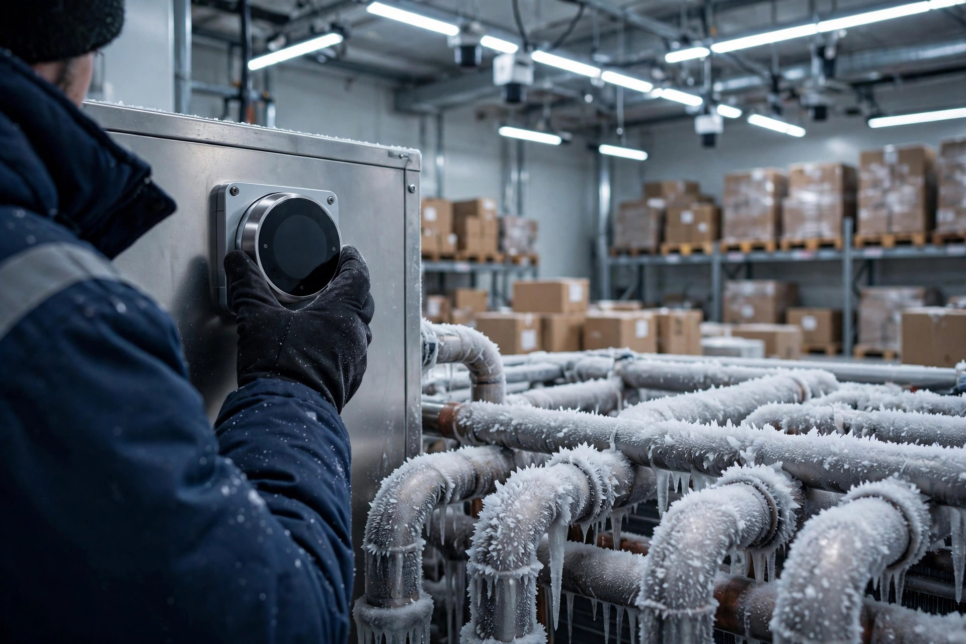 A technician adjusting a smart thermostat on a refrigeration unit in a cold storage warehouse
