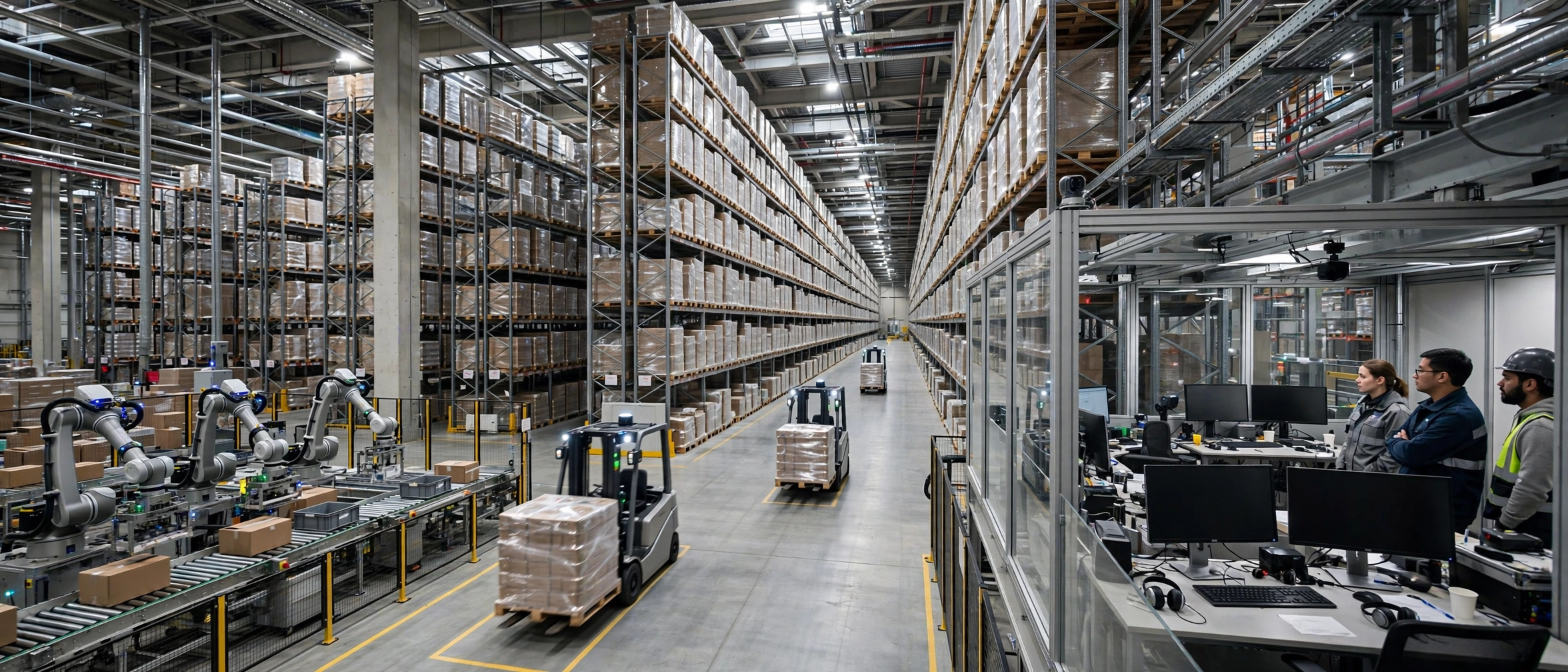 Panoramic view of an automated warehouse: robotic arms, driverless forklifts and a control room working together