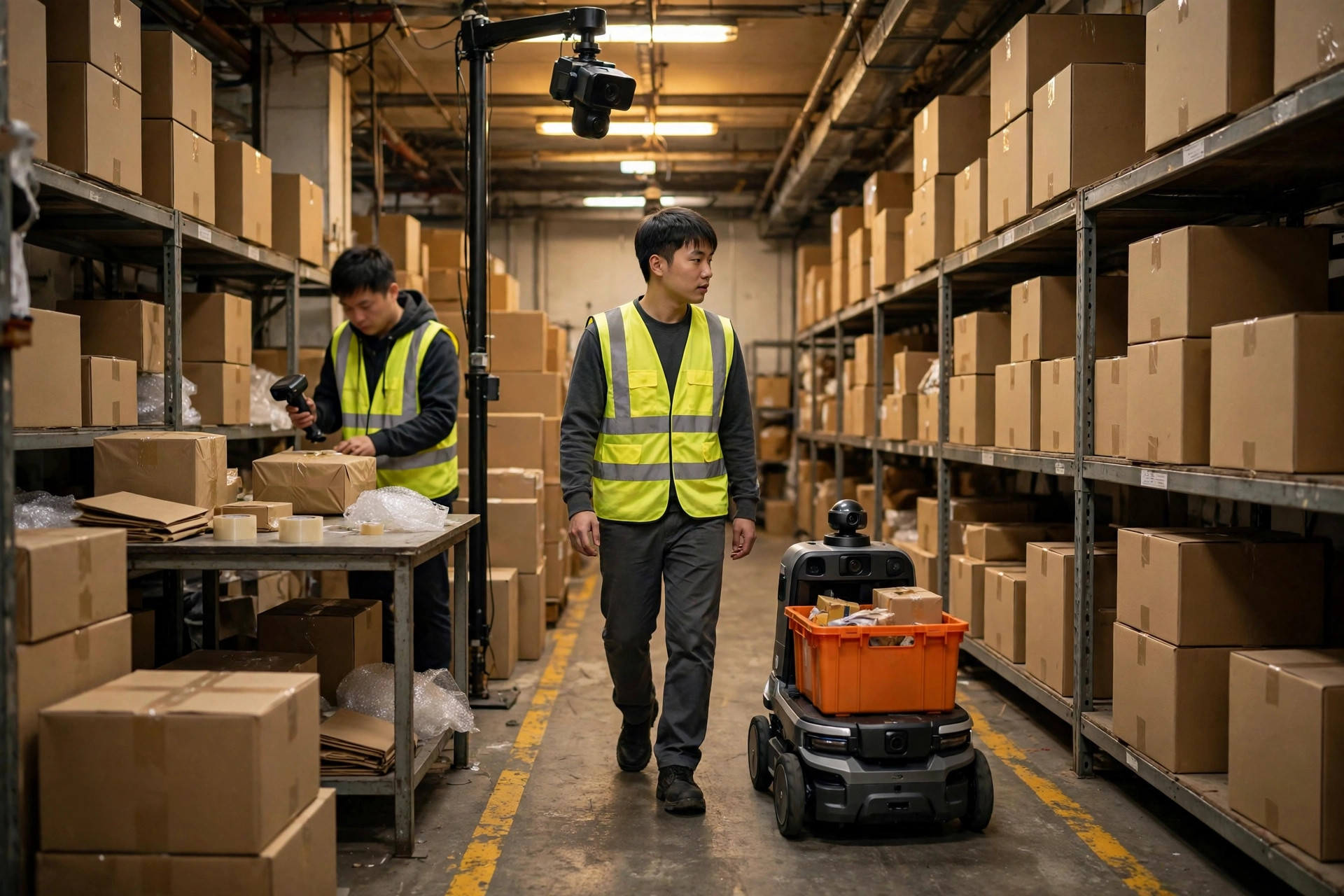 Warehouse worker collaborating with AI vision equipment in the picking area