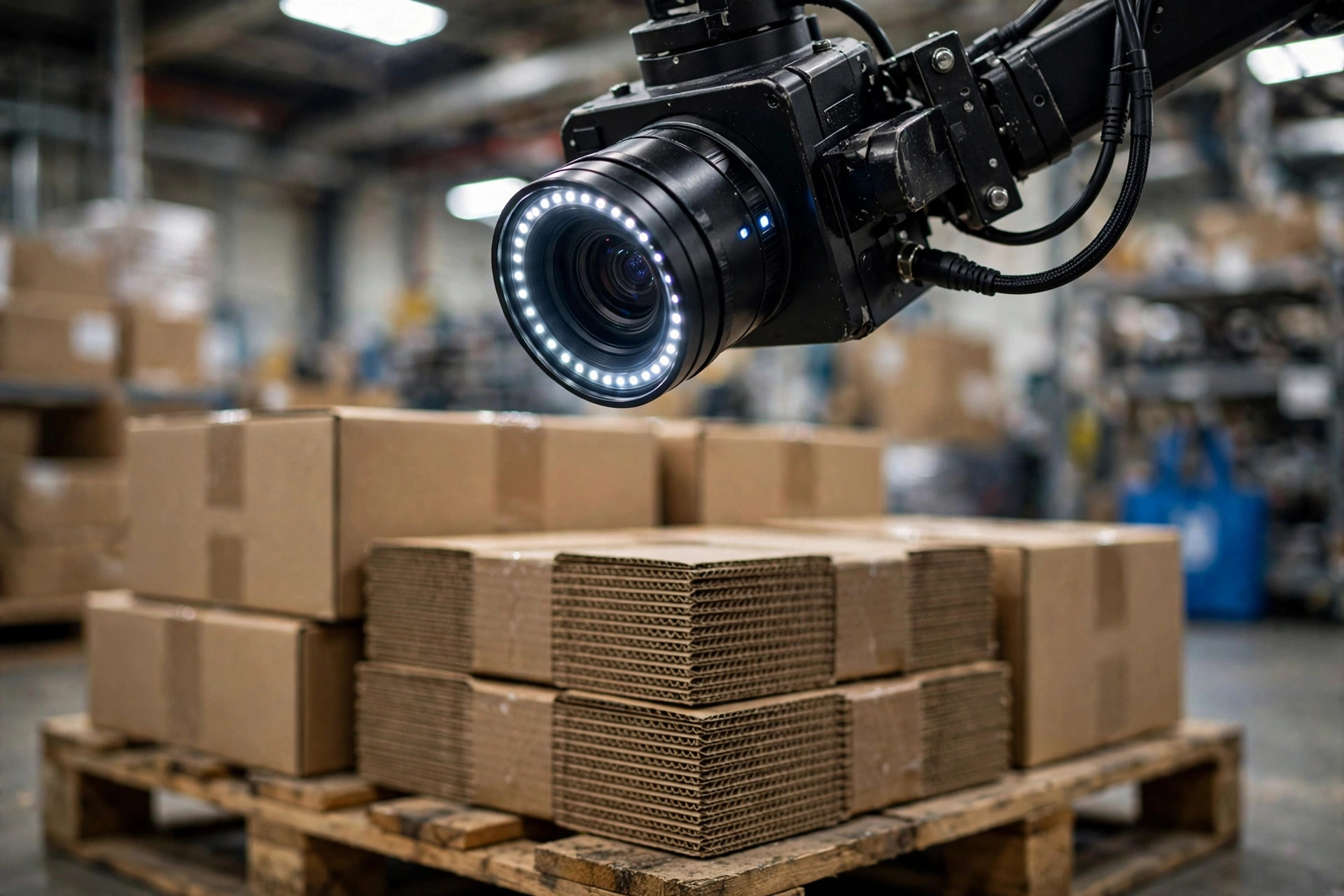 Close-up of an AI vision inspection camera aimed at cartons on a pallet at a QC station