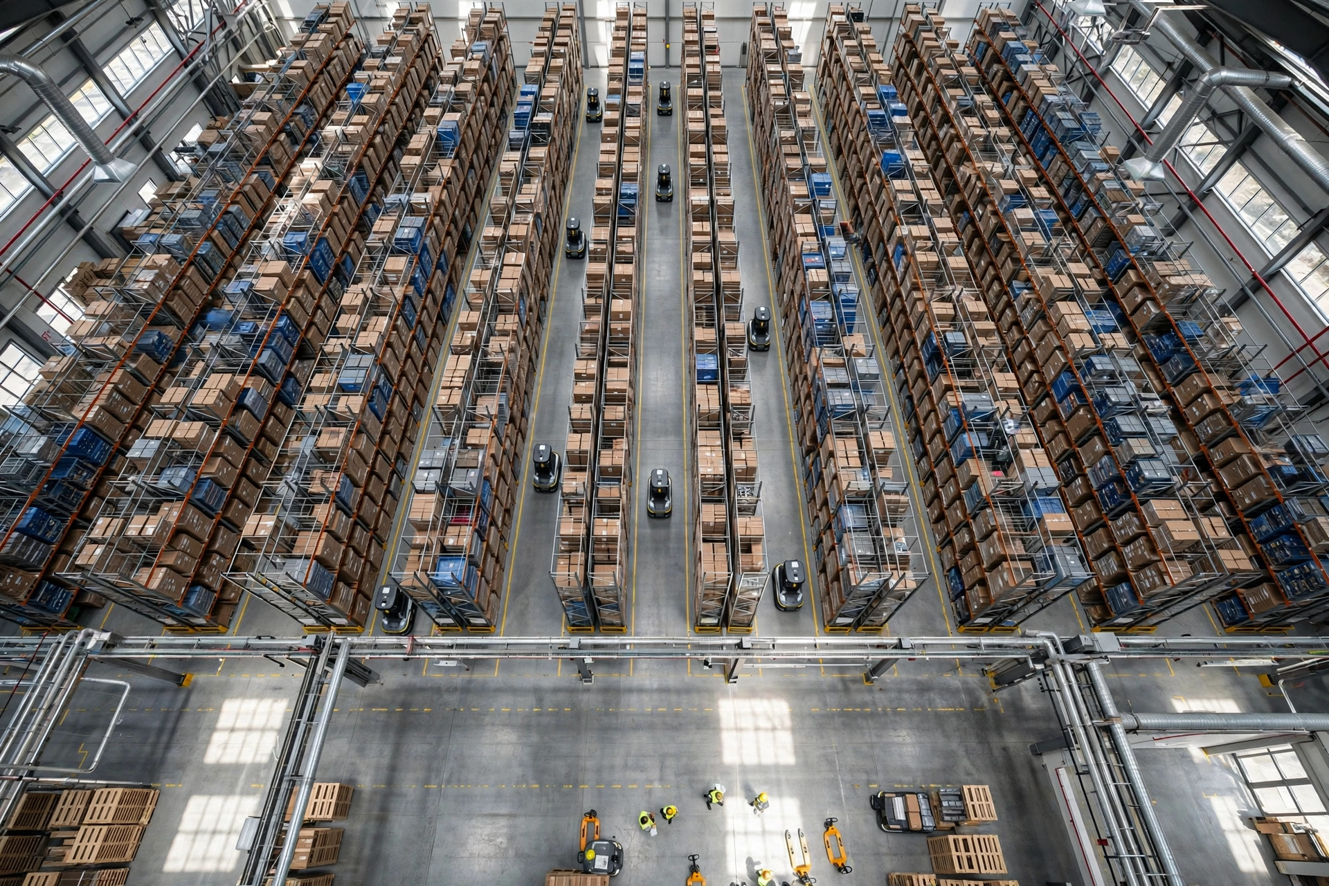 Overhead view of a modern warehouse with AGVs