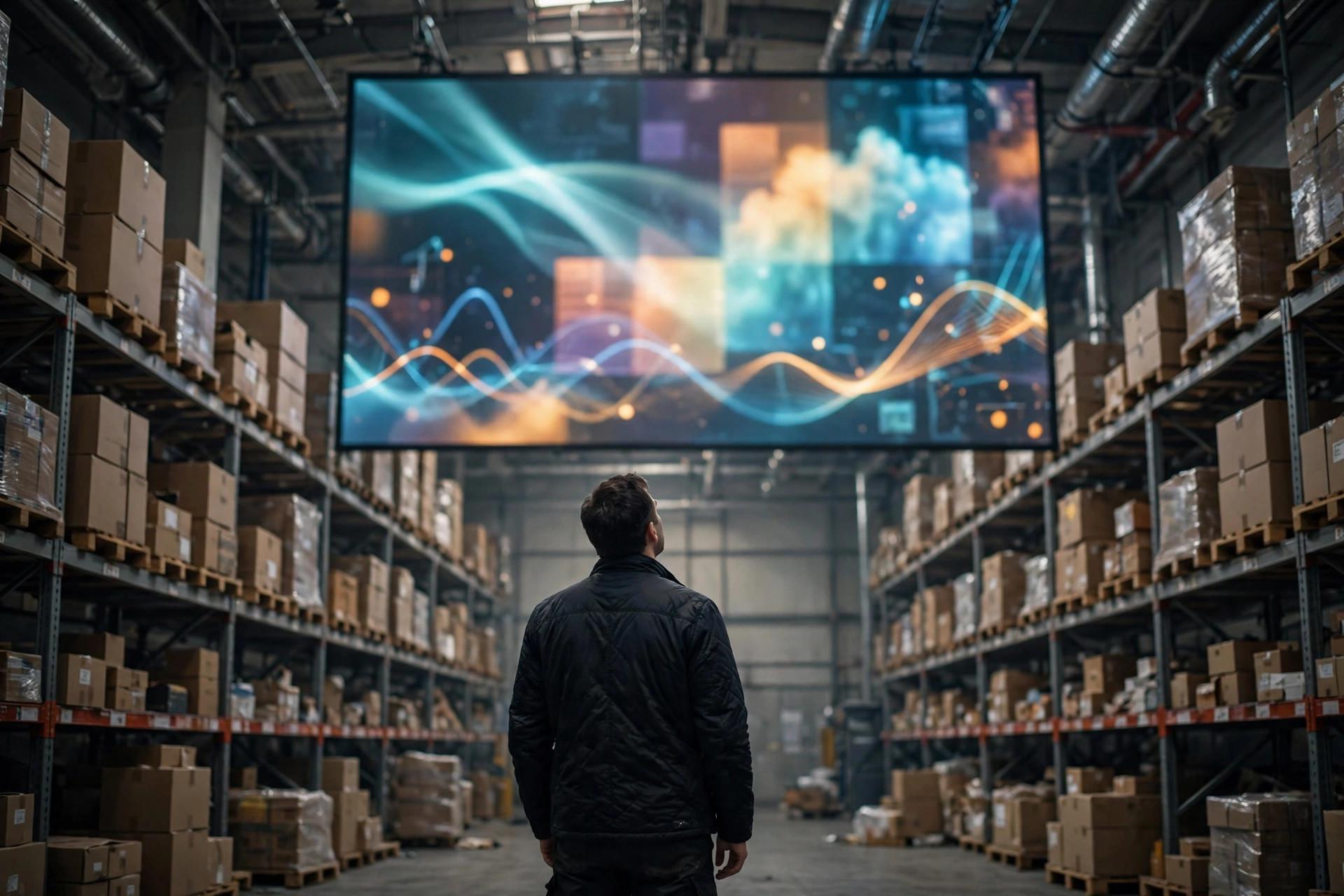 Engineer viewed from behind looking at a warehouse data dashboard