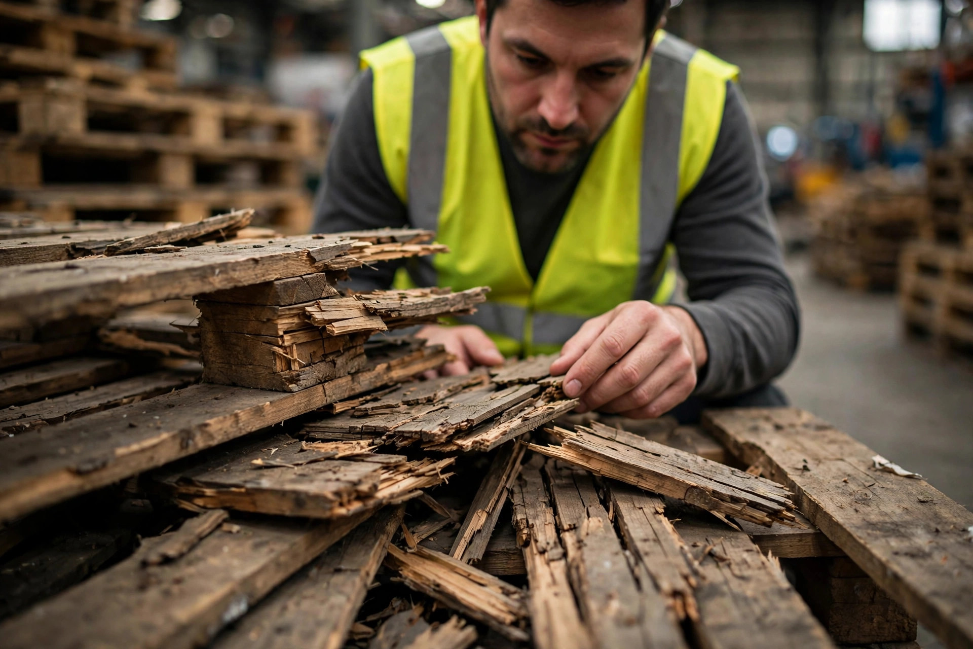 Inspecting cracked deck boards on a damaged wooden pallet