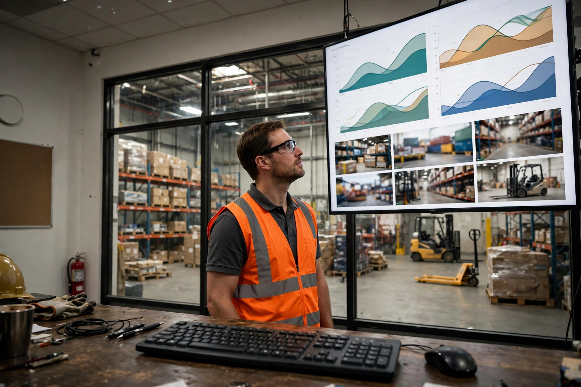 Ingeniero revisando un panel de datos de IA en una oficina de almacén