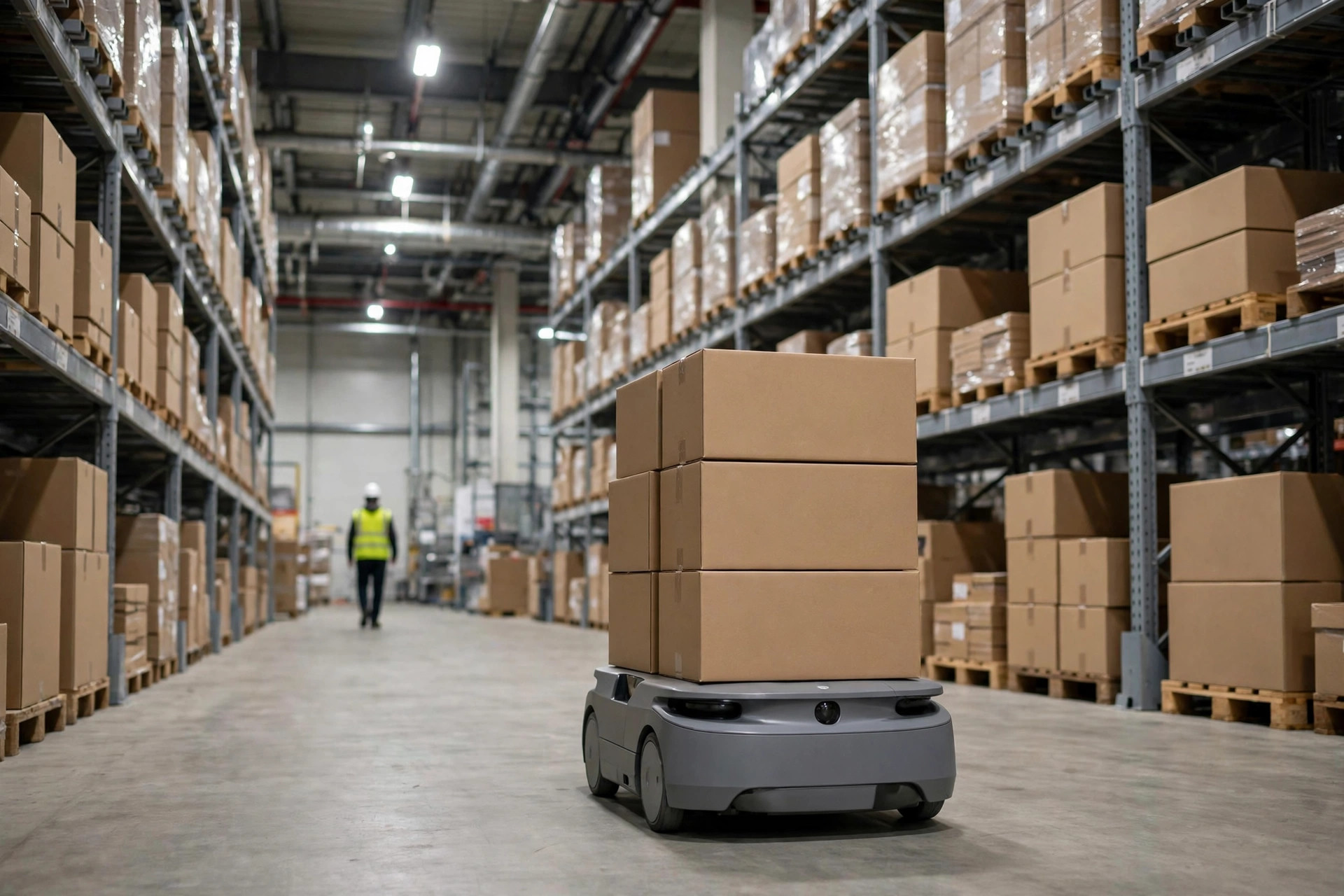 Robot AMR transportant des cartons dans une allée d'entrepôt