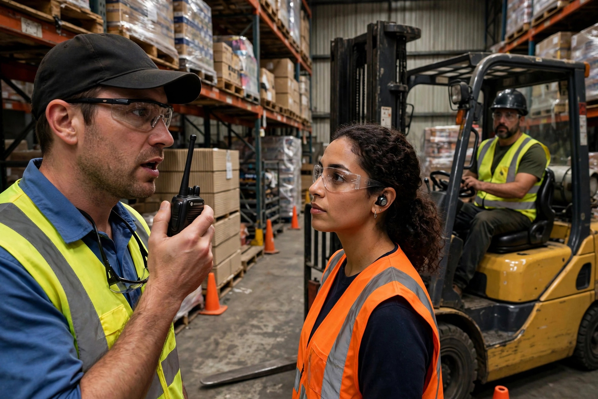 Shift handoff at a small warehouse: the lead using a handheld device for real-time translation while the multilingual crew listens