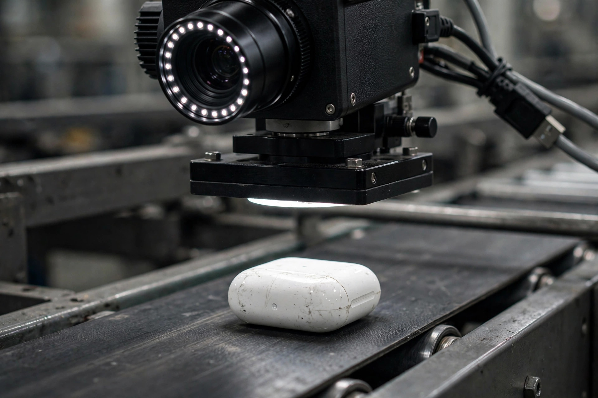 Close-up of an industrial vision camera inspecting a returned product on a conveyor