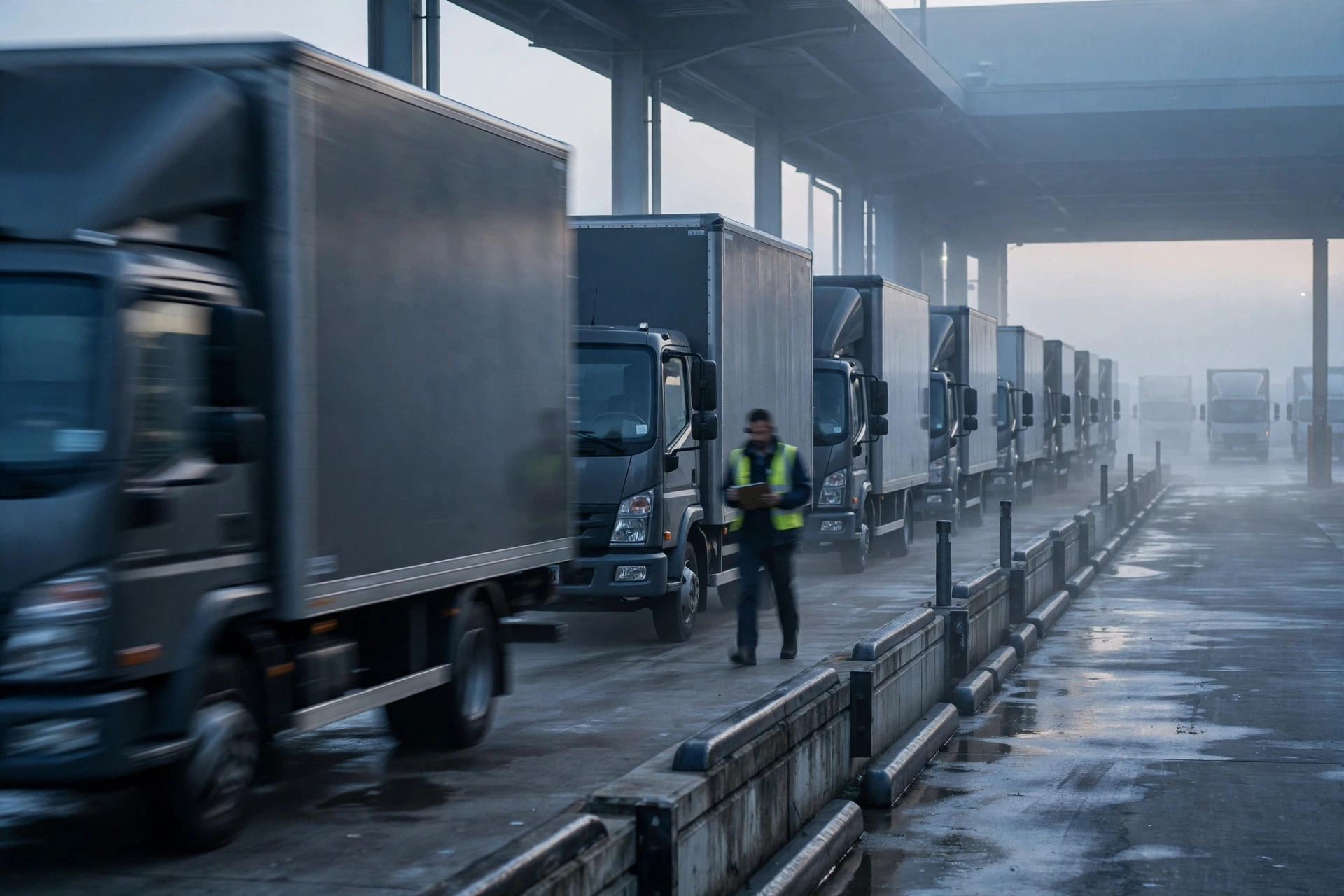 Camiones saliendo al amanecer: la calidad de un plan de rutas se nota en cada milla