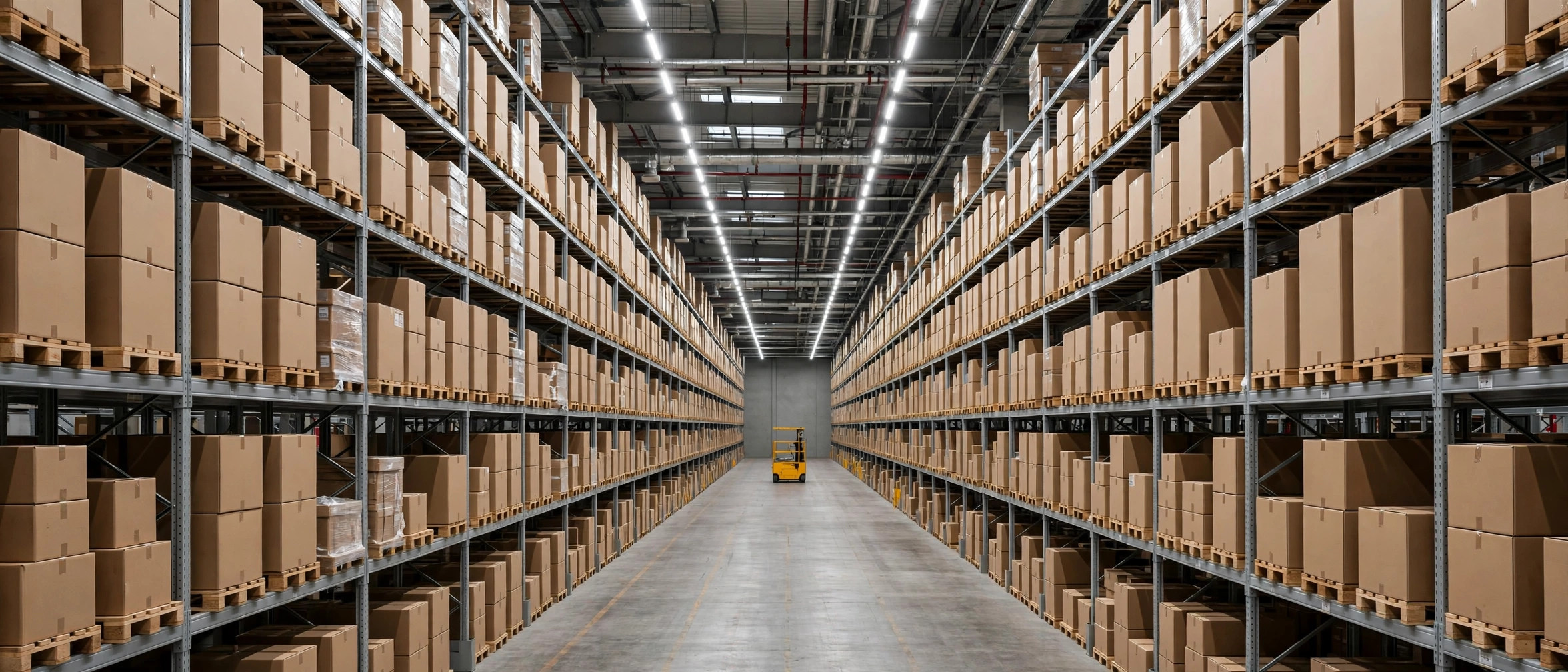 Panoramic view of a high-bay warehouse aisle