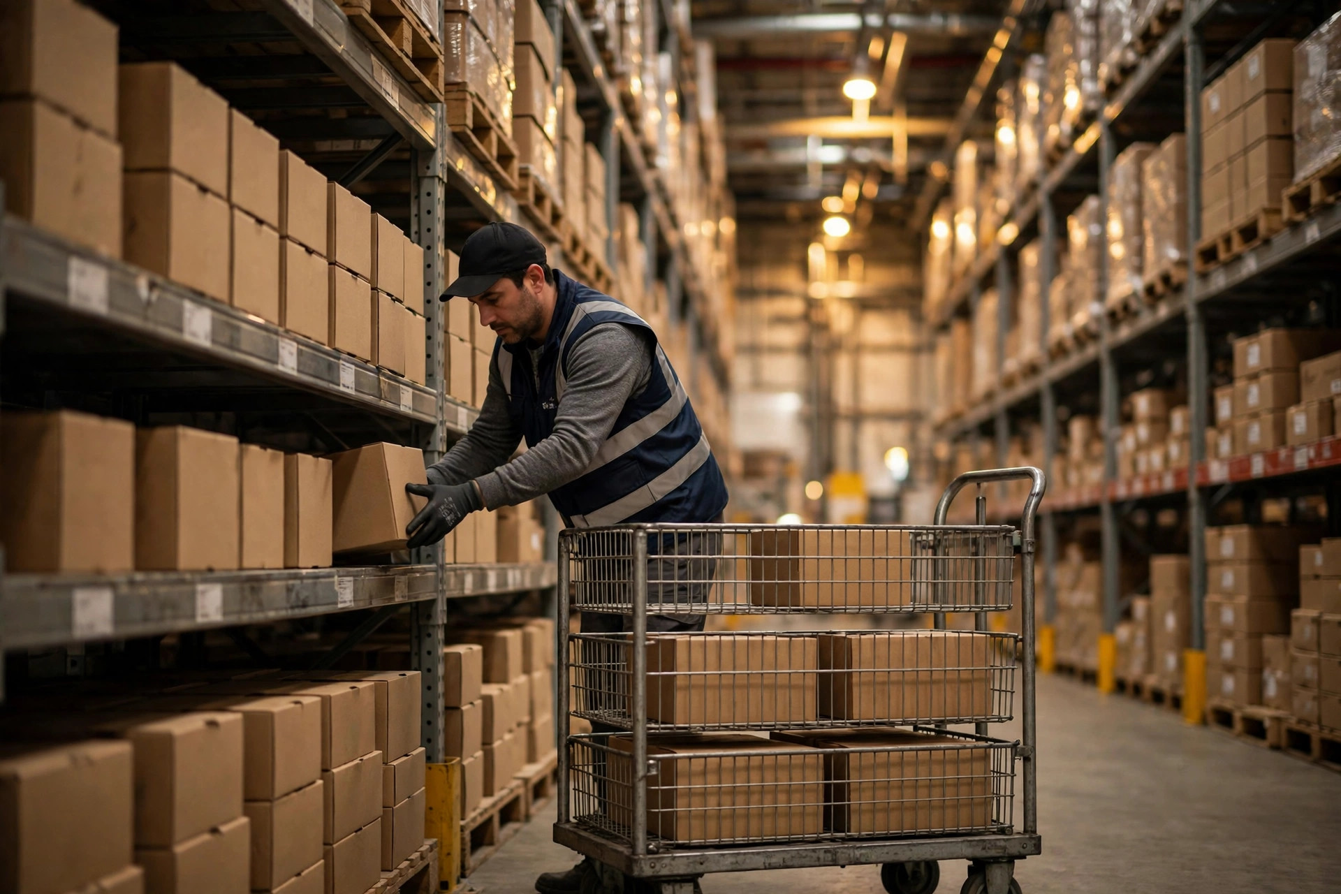 High-bay racking pick zone in a working warehouse