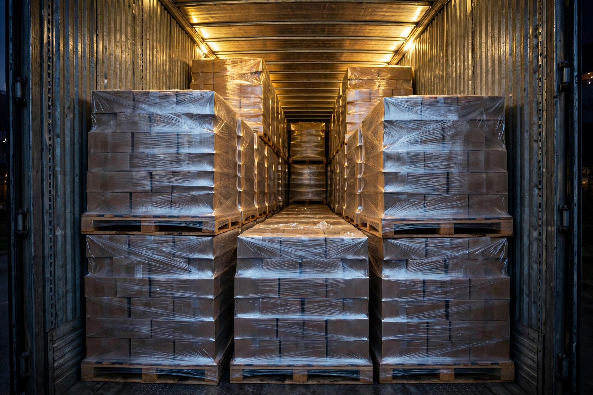 Interior de un tráiler cargado al máximo, palets de cartones apilados del piso al techo
