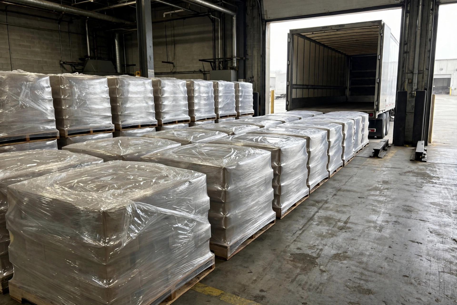Pallets staged in neat rows at the dock door, waiting to be loaded according to plan