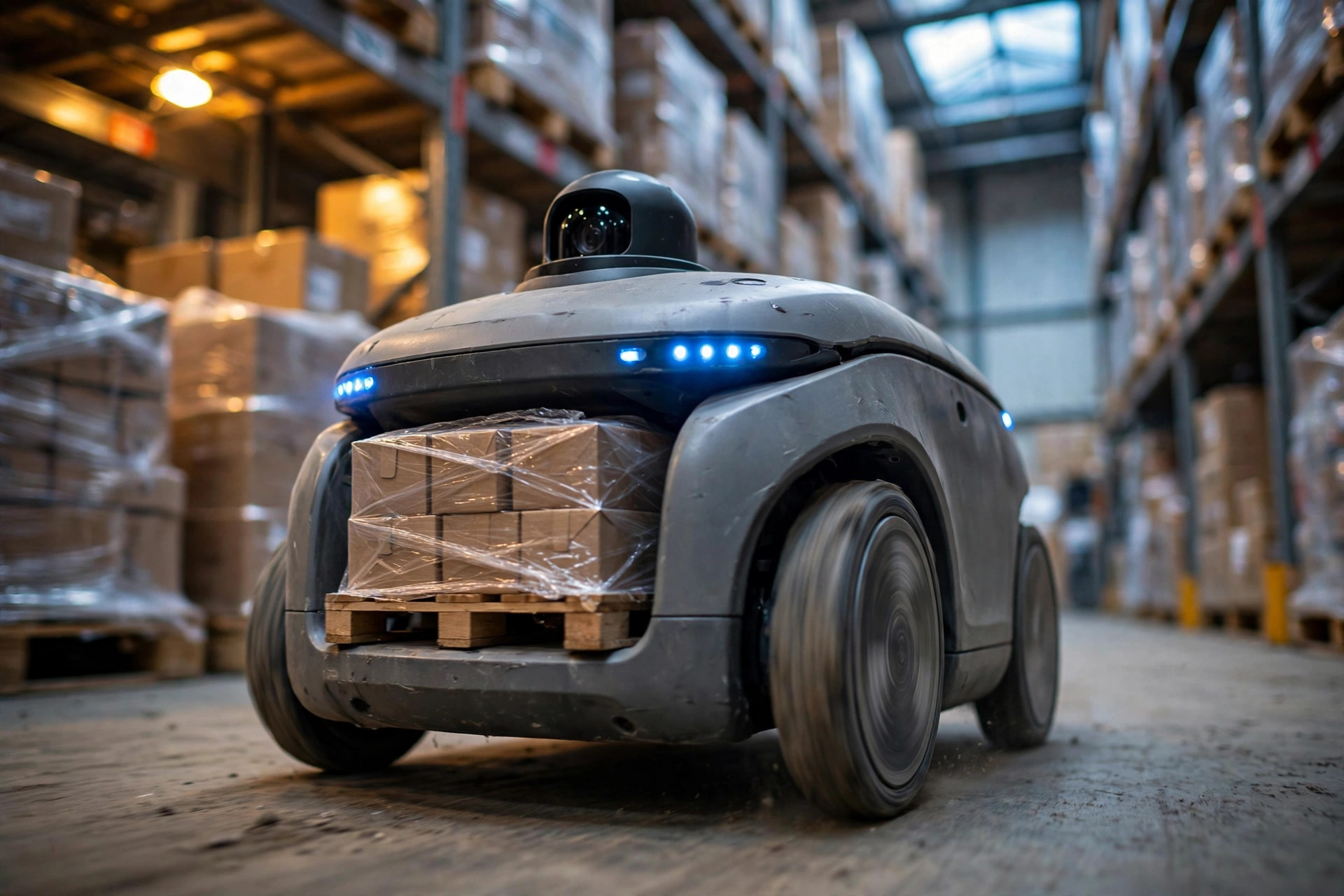Close-up of an AMR robot working in a warehouse aisle