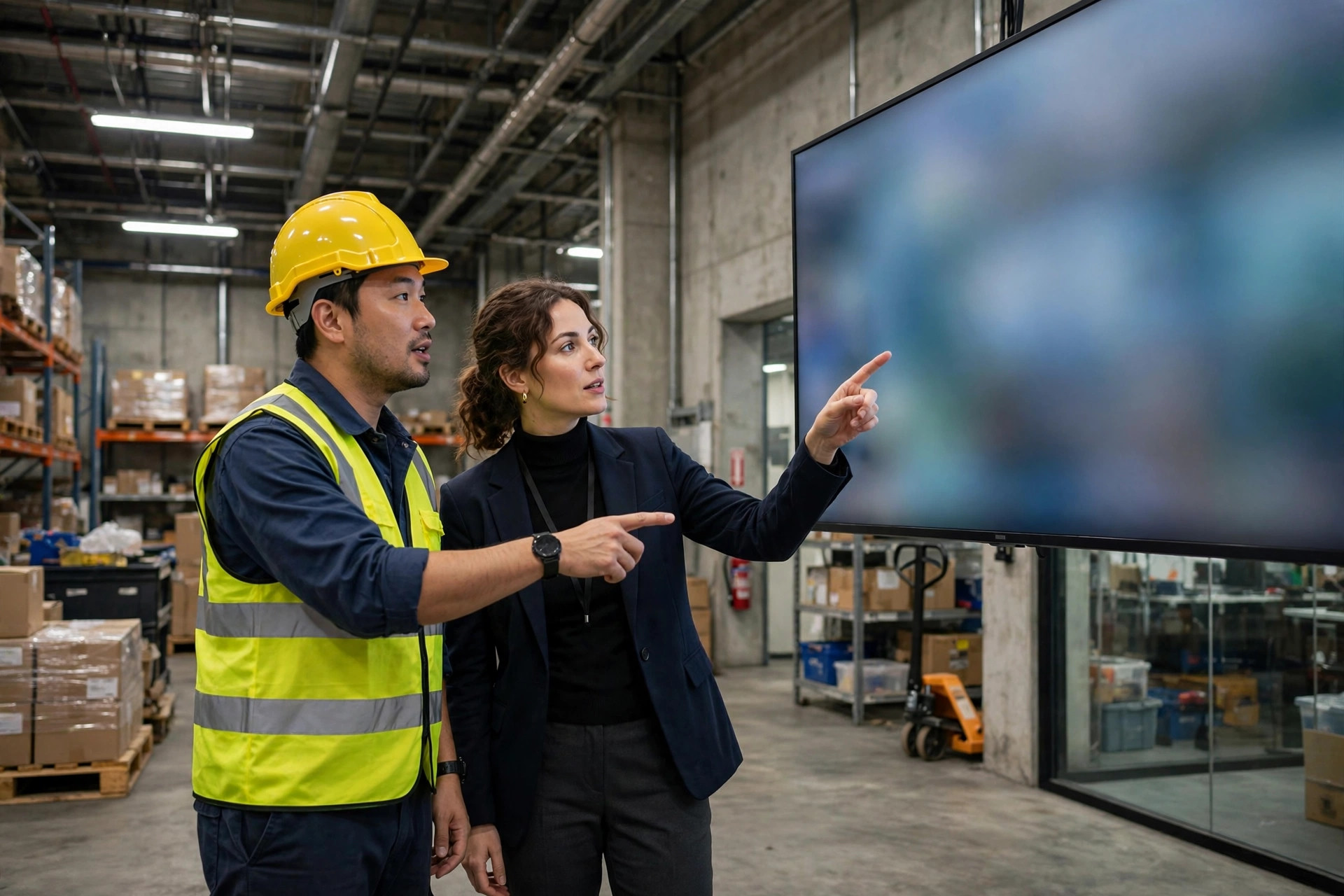 Engineer and vendor reviewing a system dashboard in a warehouse office