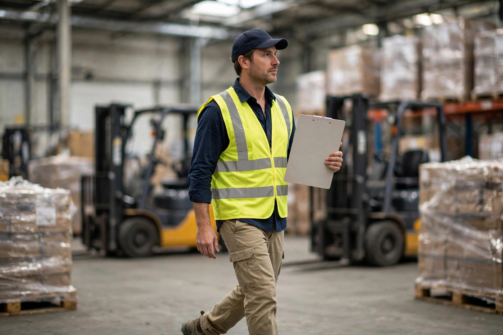 Warehouse manager reviewing a daily report on the warehouse floor