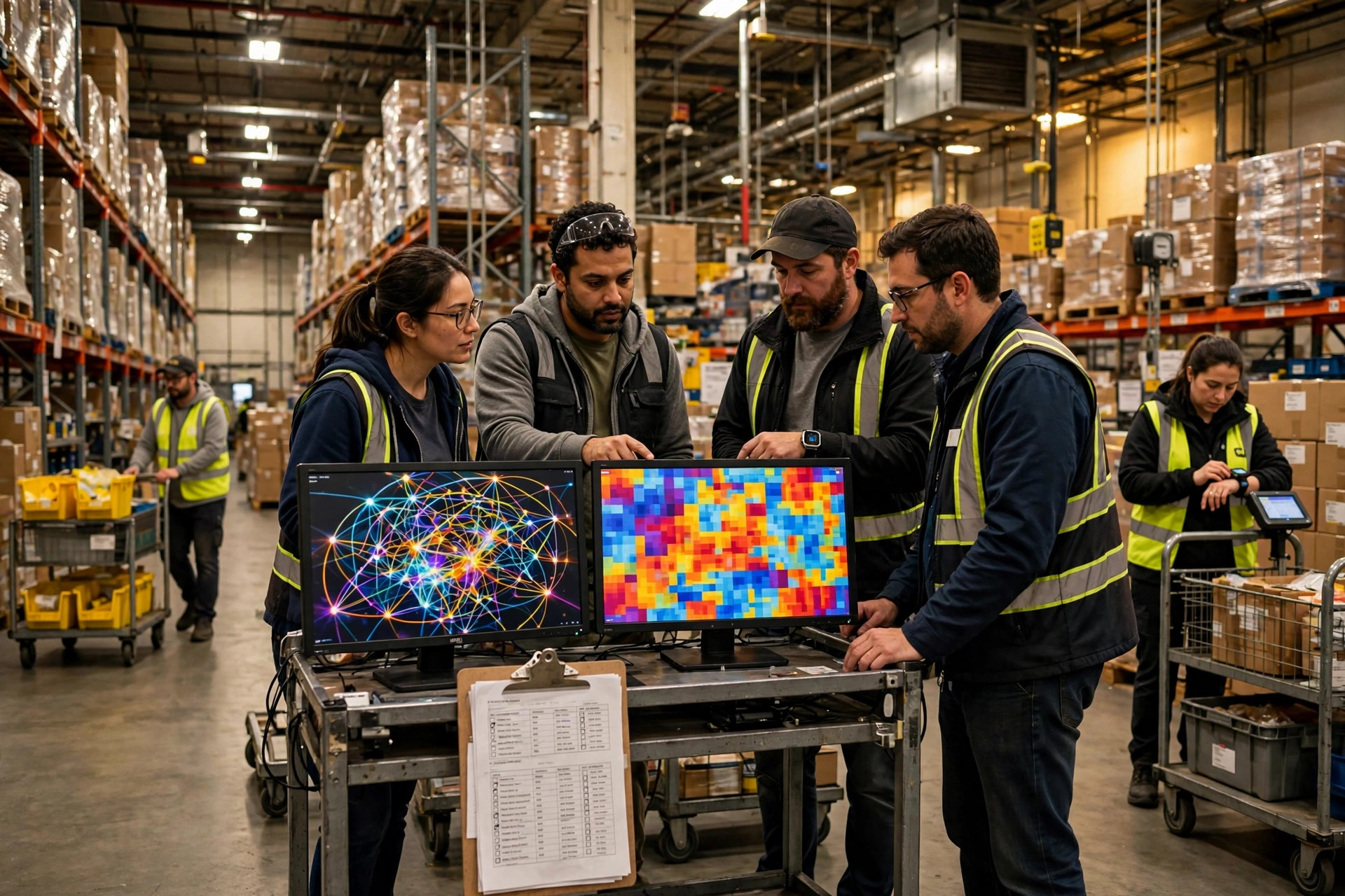 Engineers tuning wave-planning dashboards on the warehouse floor during an AI wave optimization rollout