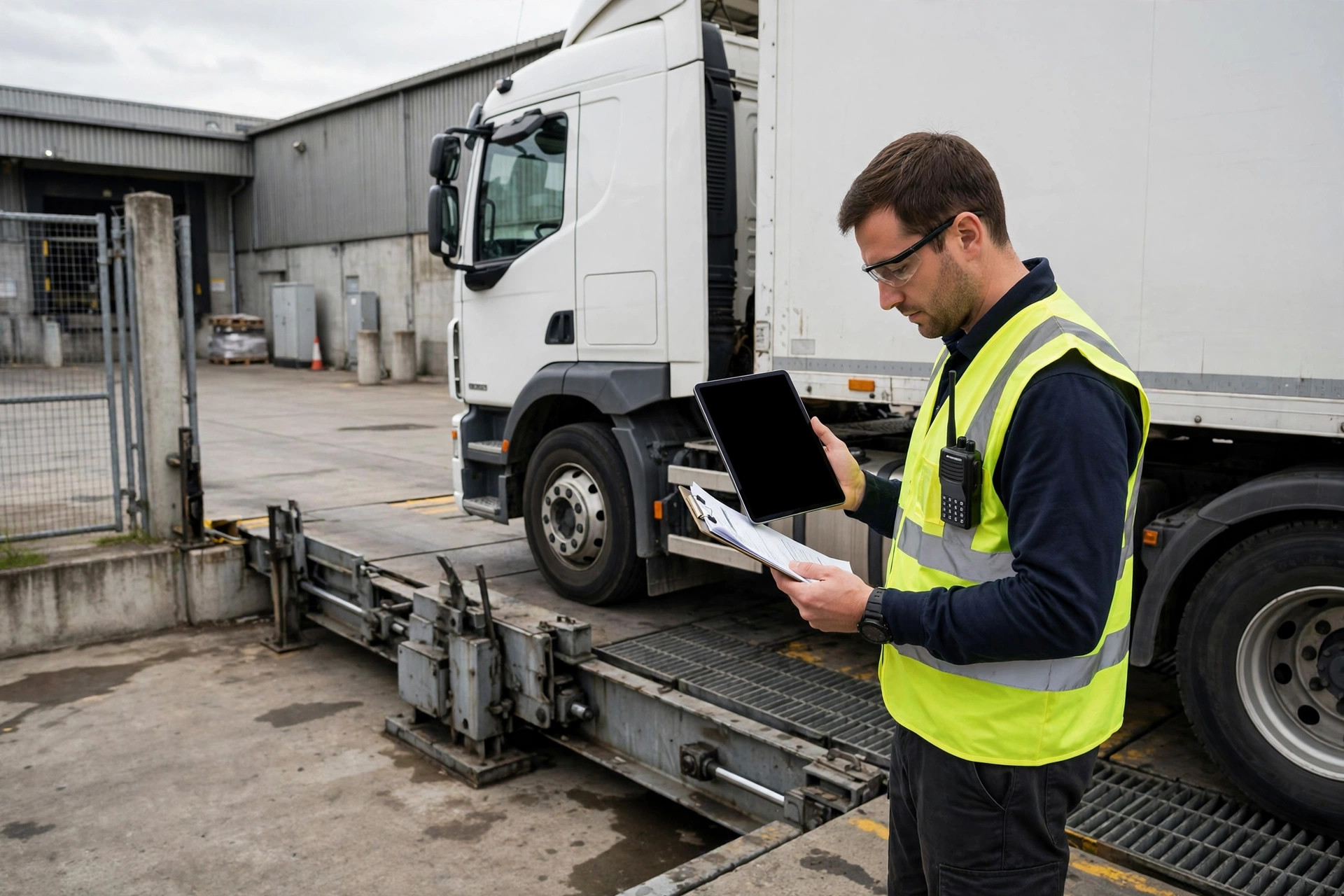 Gate clerk checking a truck on a weighbridge with a tablet